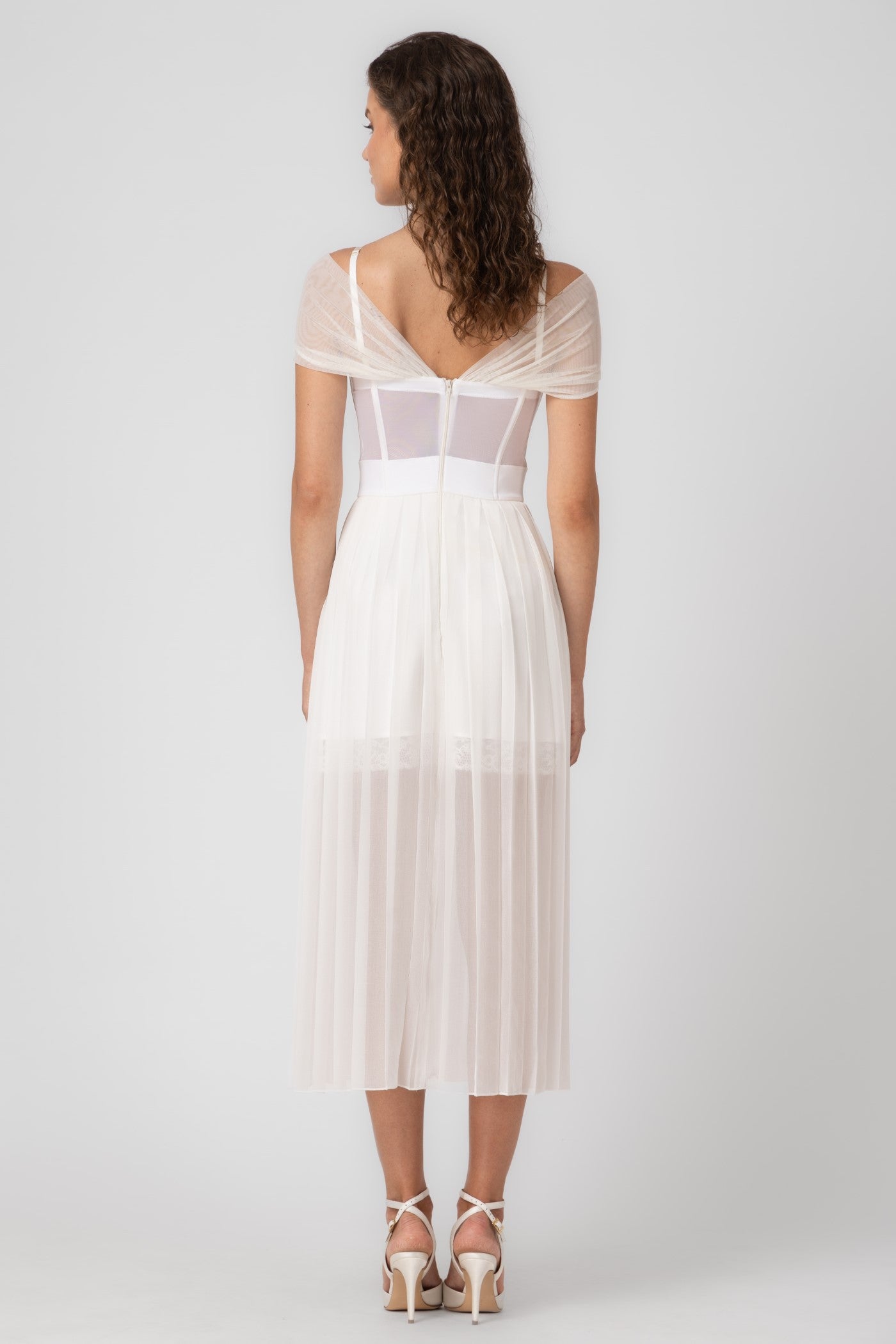 Rochie alba din satin si voal plisat Utility