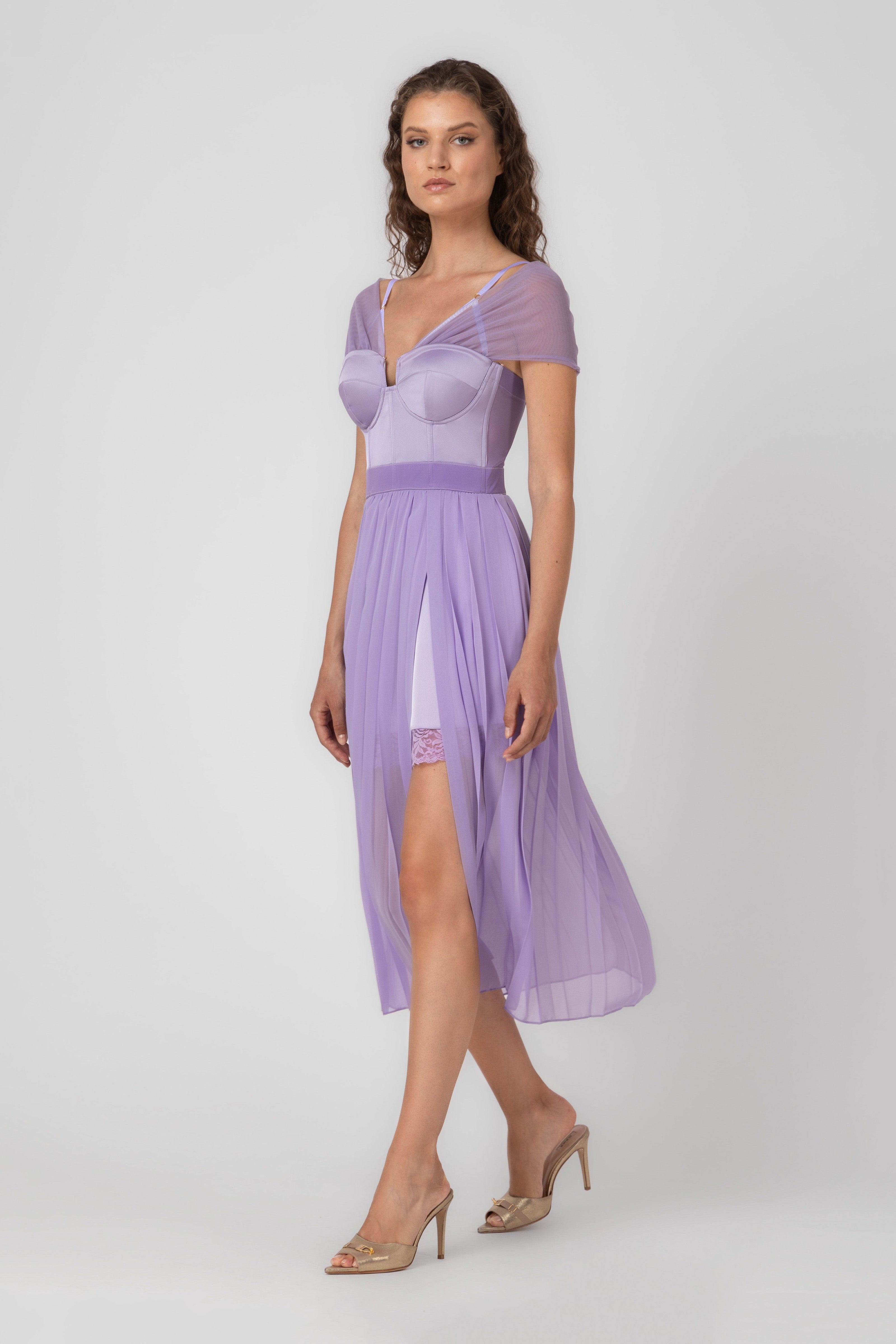 Rochie lavanda din satin si voal plisat Utility