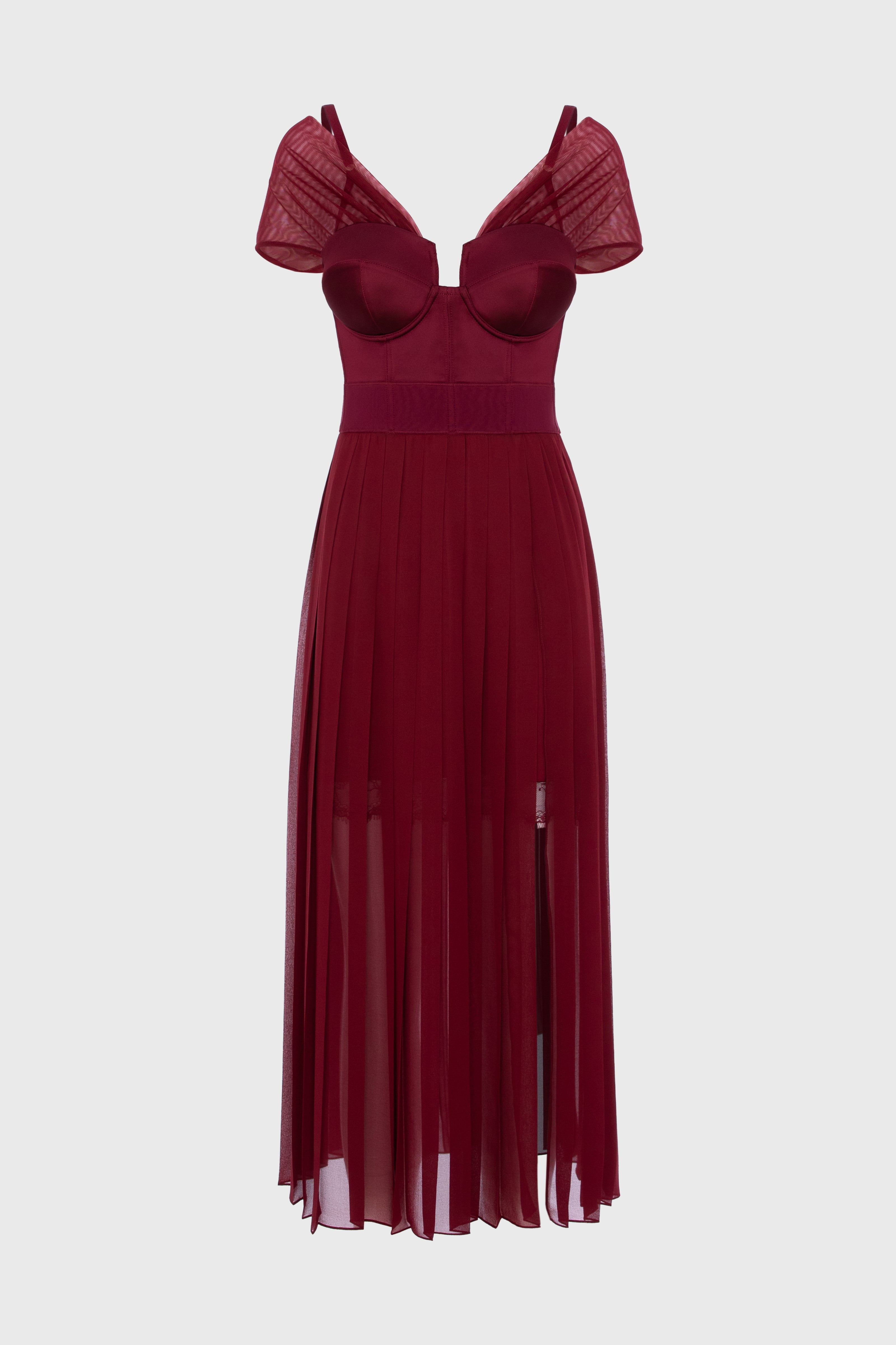 Rochie rosu burgund din satin si voal plisat Utility