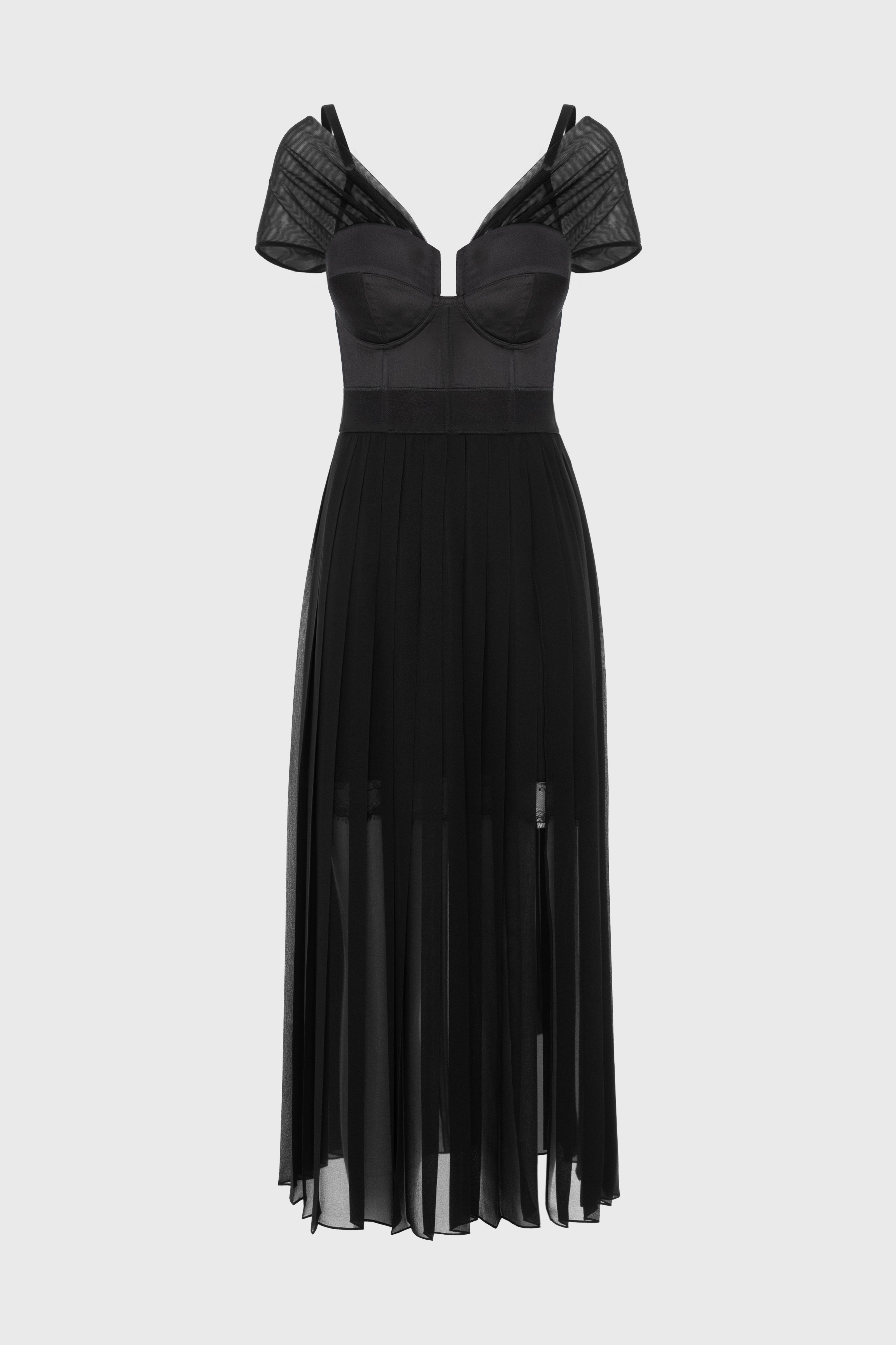 Rochie neagra din satin si voal plisat Utility