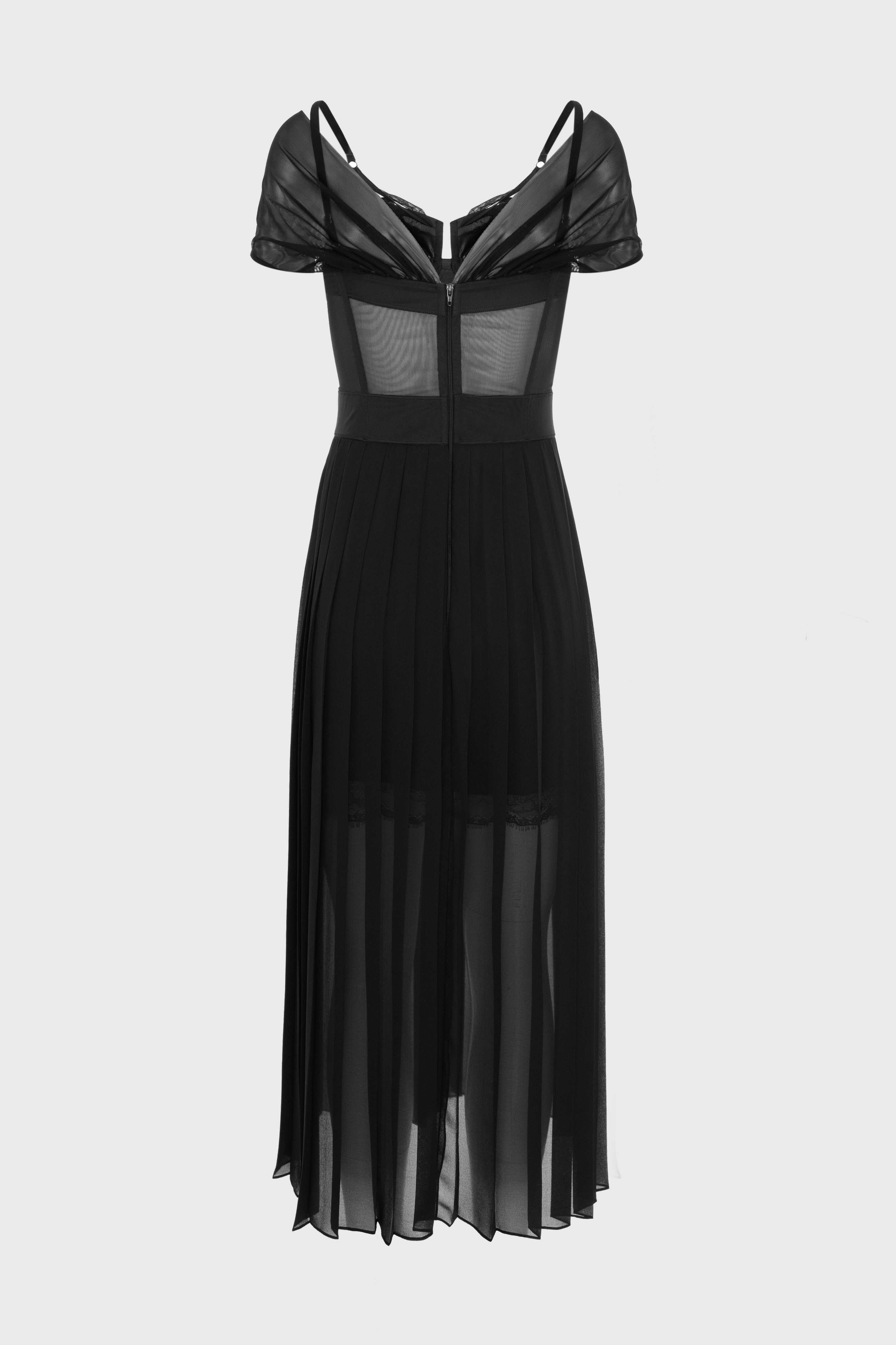 Rochie neagra din satin si voal plisat Utility
