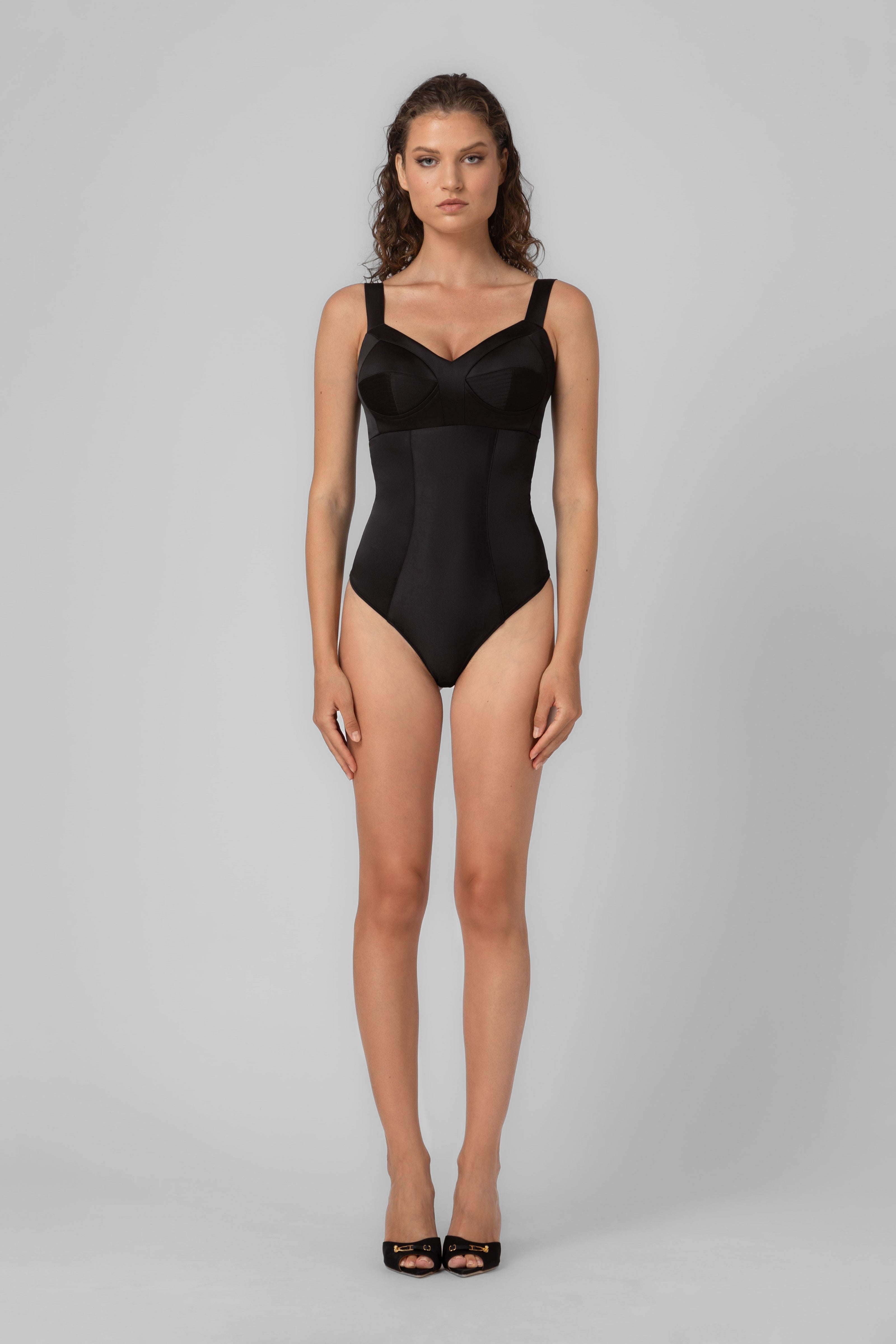 Body negru din satin elastic Sculpt