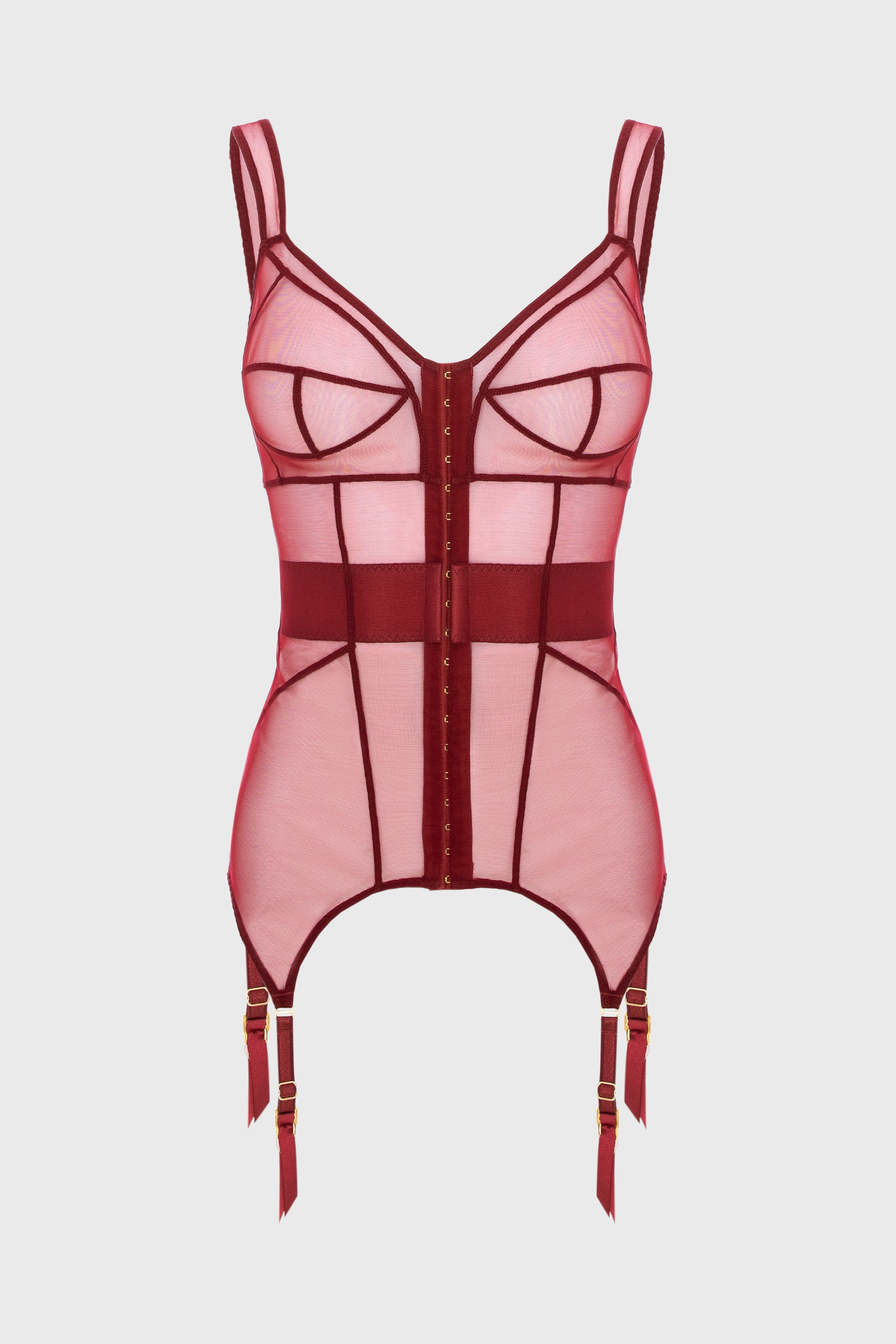 Corset rosu inchis din tulle elastic cu portjartiere reglabile Zest