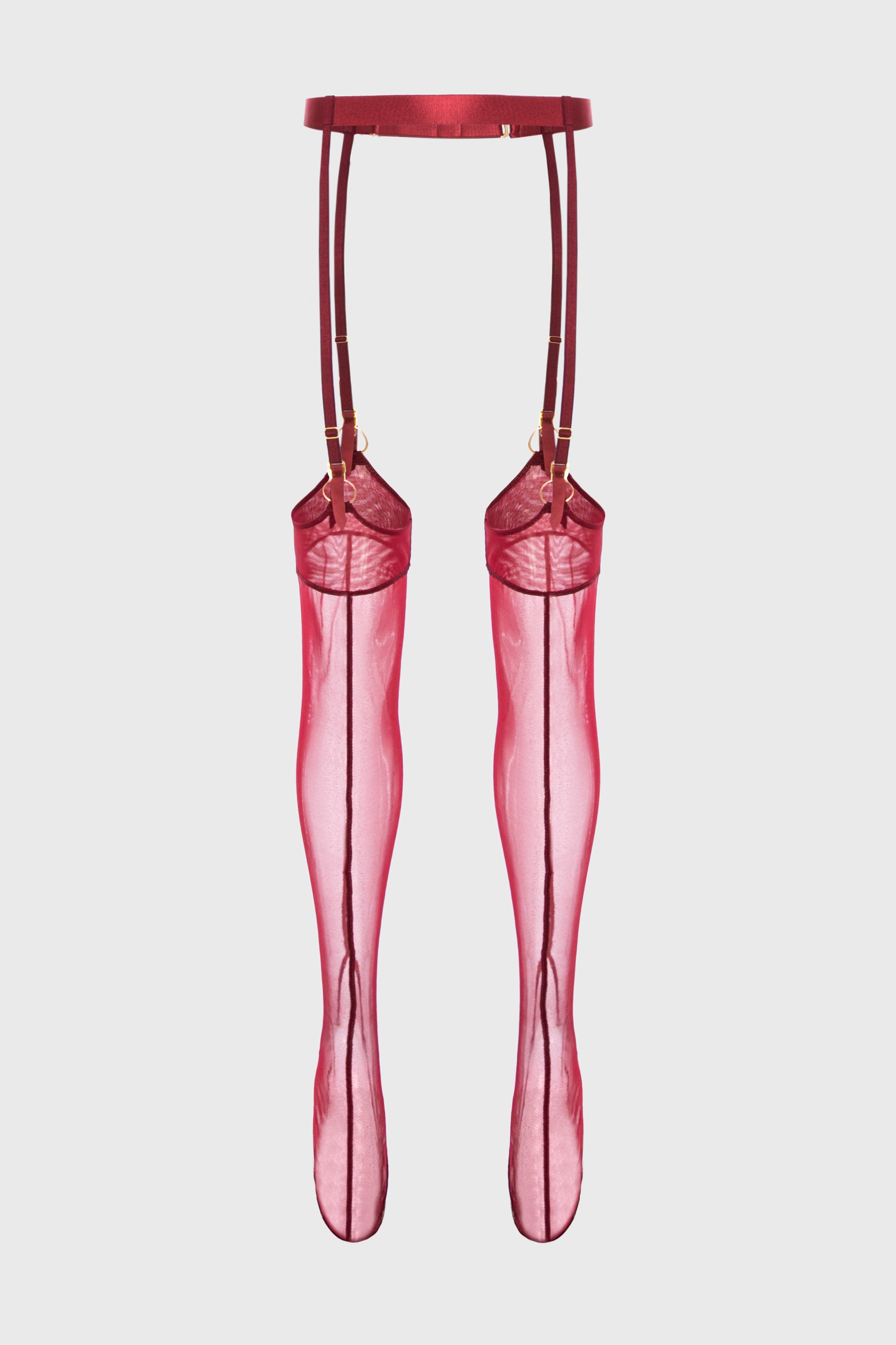 Ciorapi rosu inchis din tulle elastic si curea portjartier Hold-up