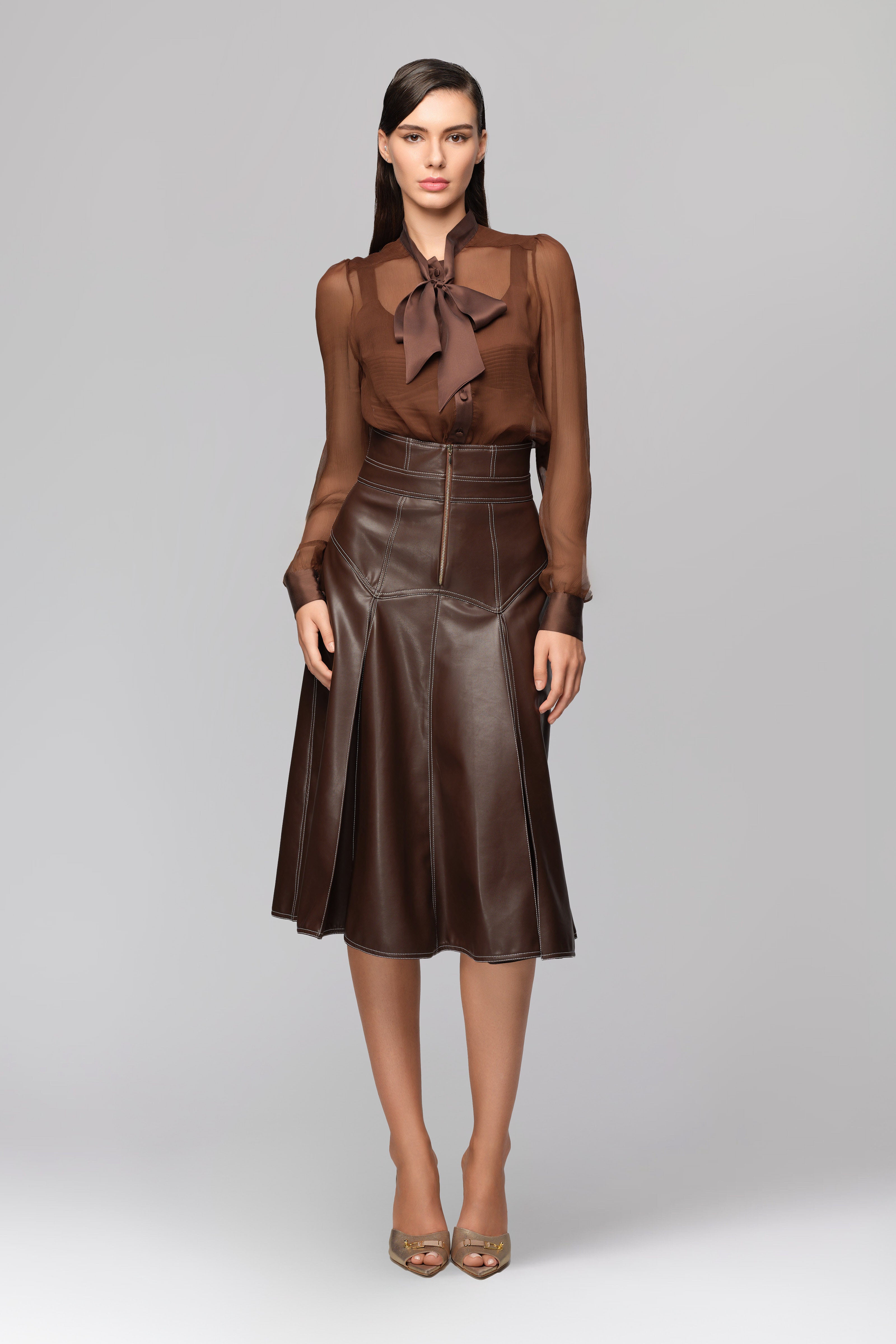 Fusta maro din piele Underline