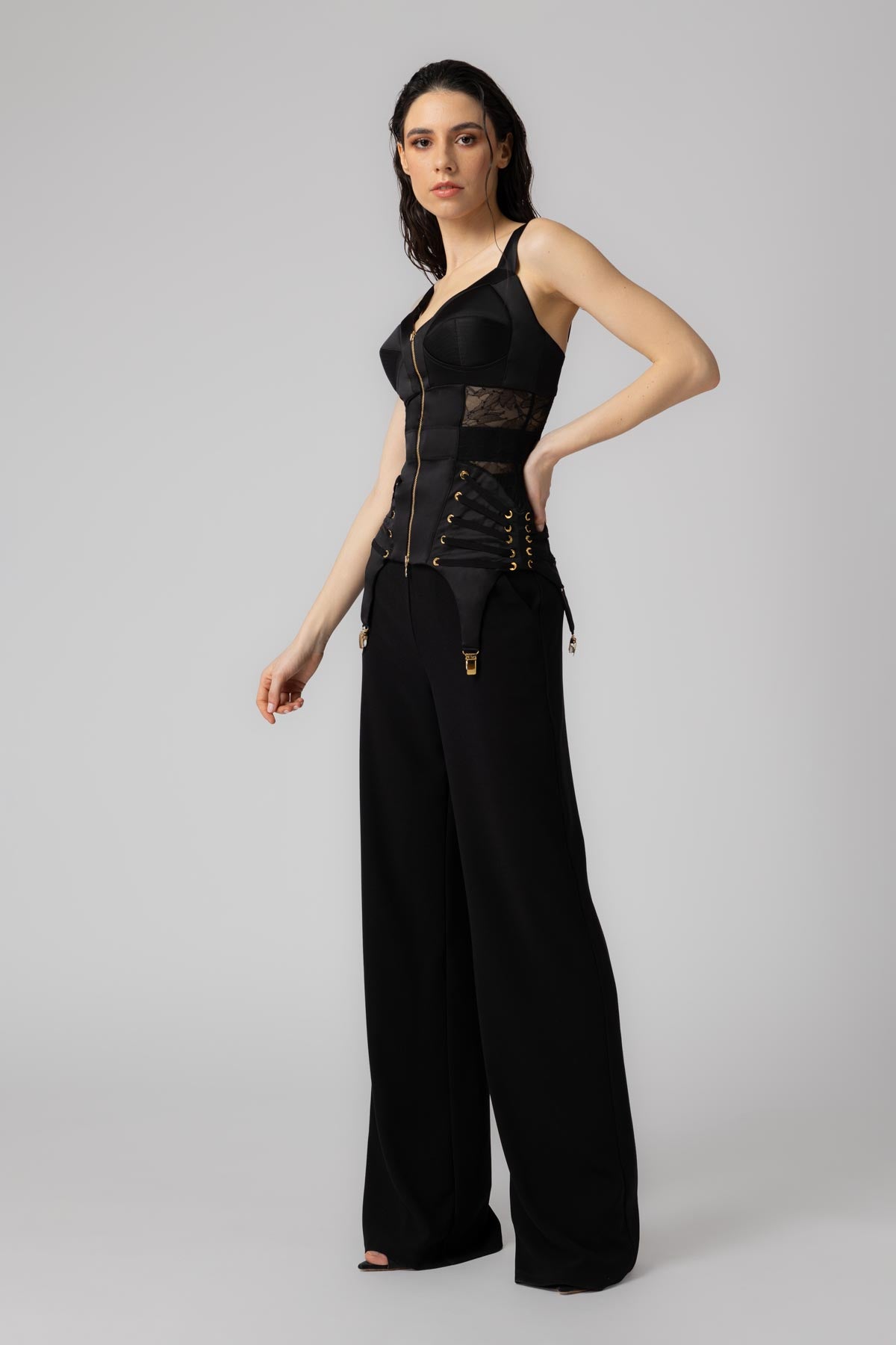 Corset negru din satin si dantela Zest