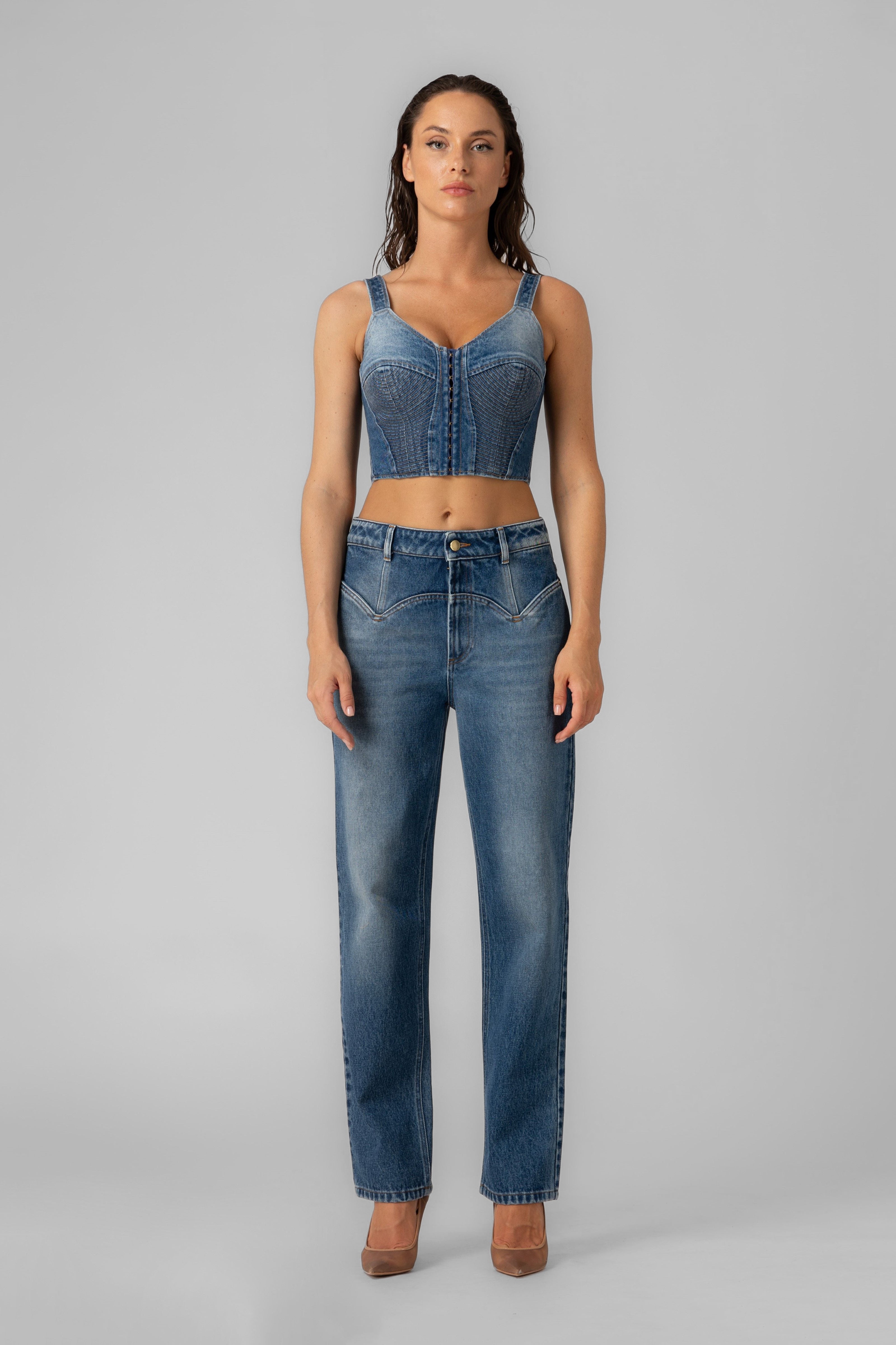 Top albastru din denim Corset