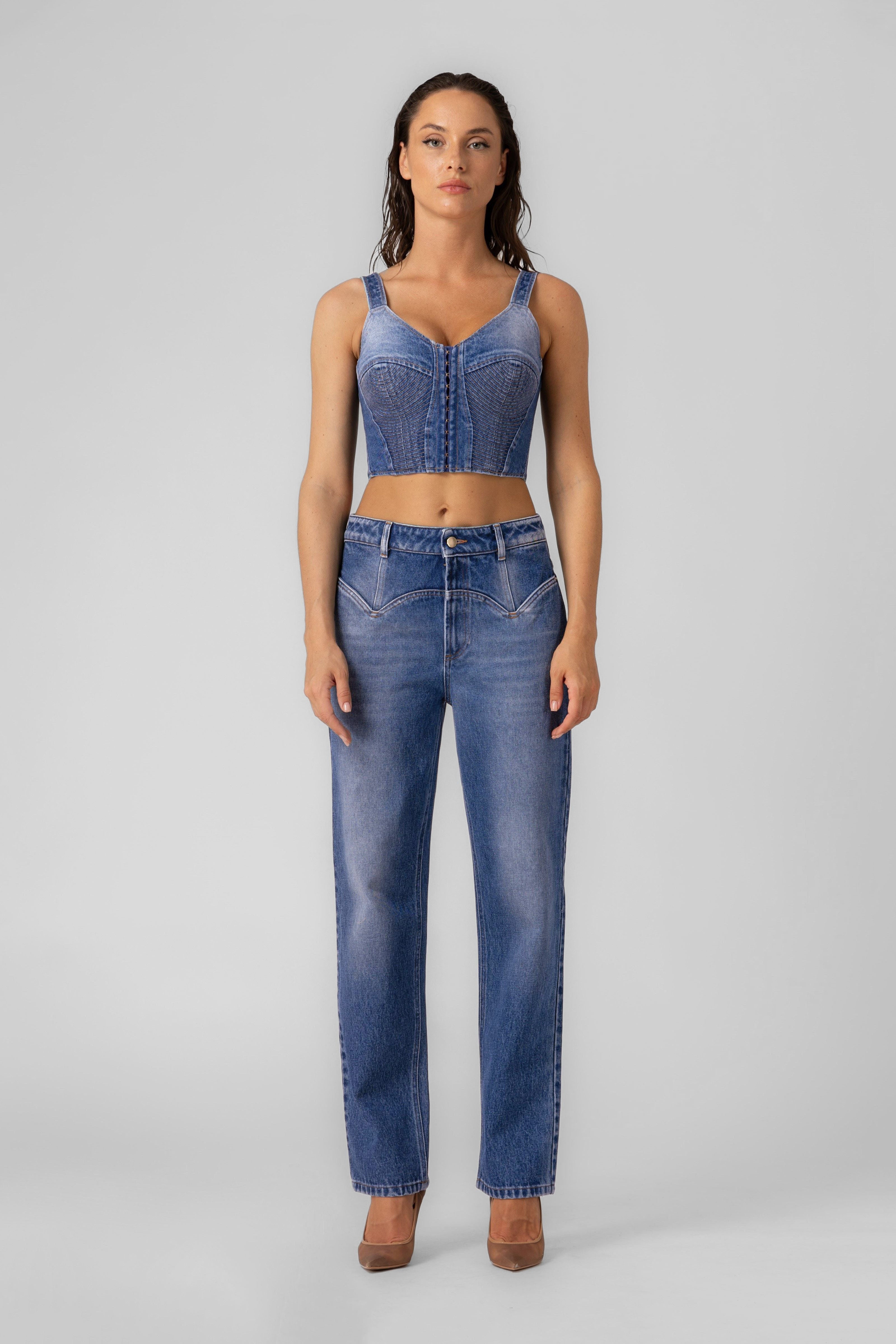 Top albastru din denim Corset