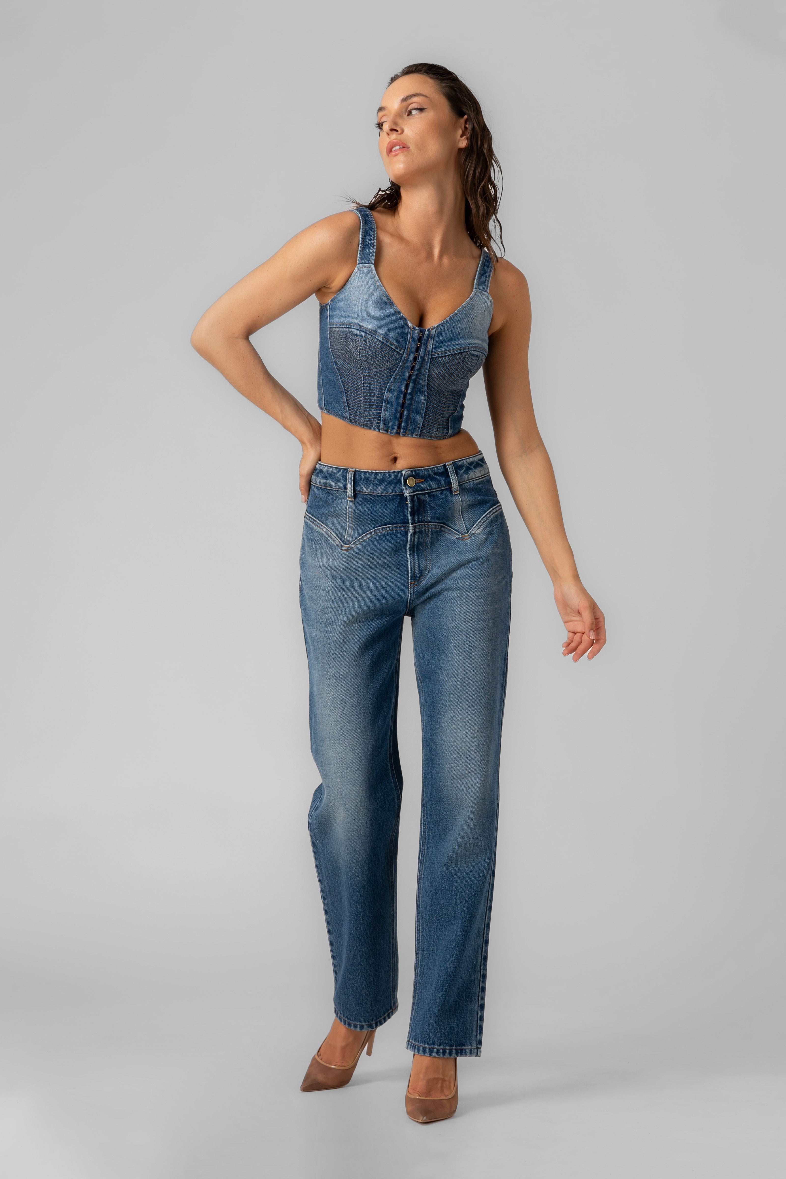 Top albastru din denim Corset