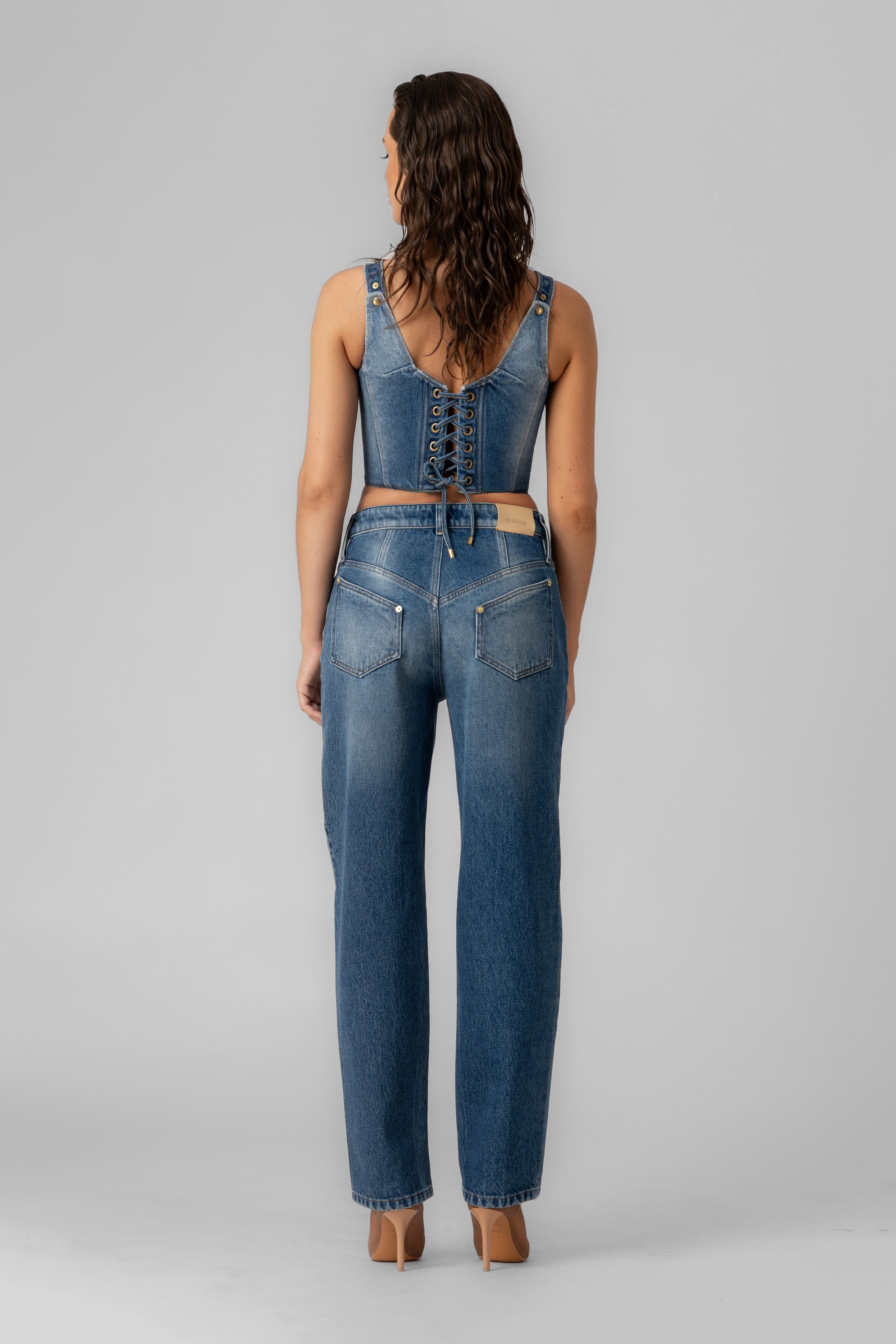 Top albastru din denim Corset