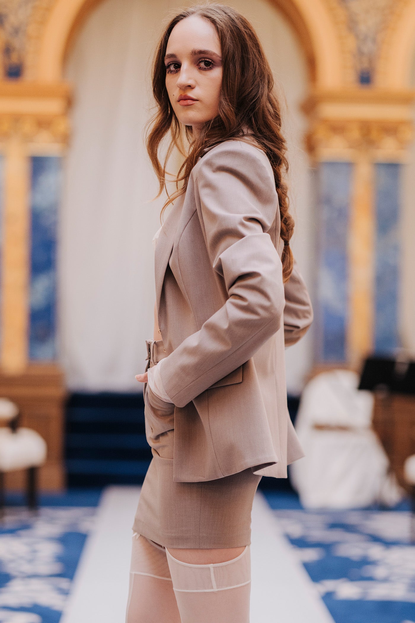 Fusta mini bej lana Formal