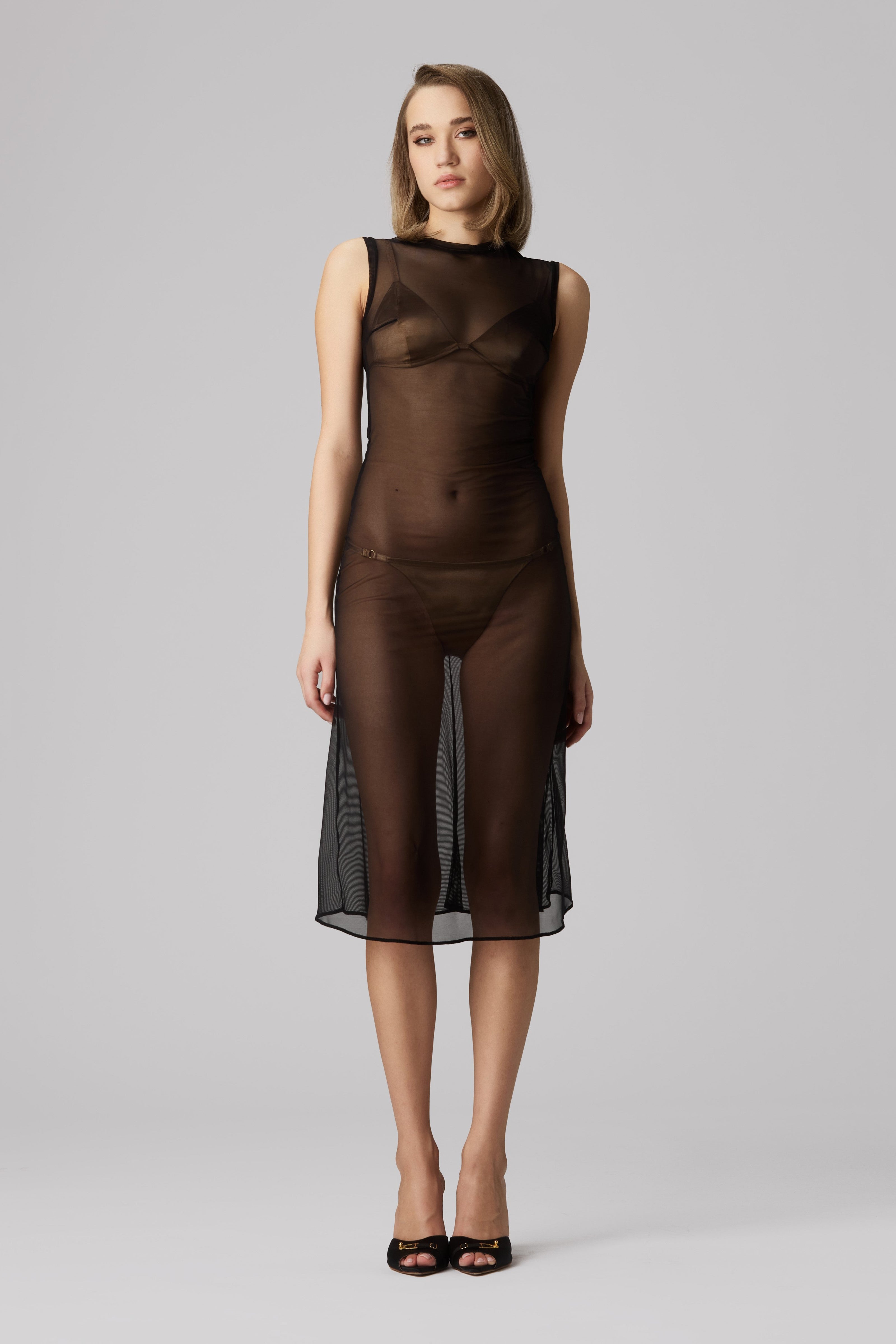 Rochie neagra midi din tul bi-elastic Sheer