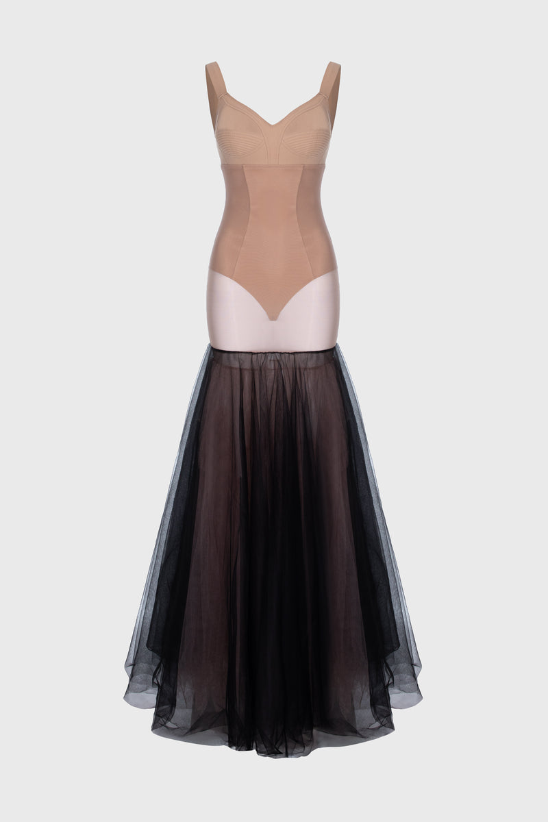 Rochie neagra din tul cu body si furou Tribut Zest