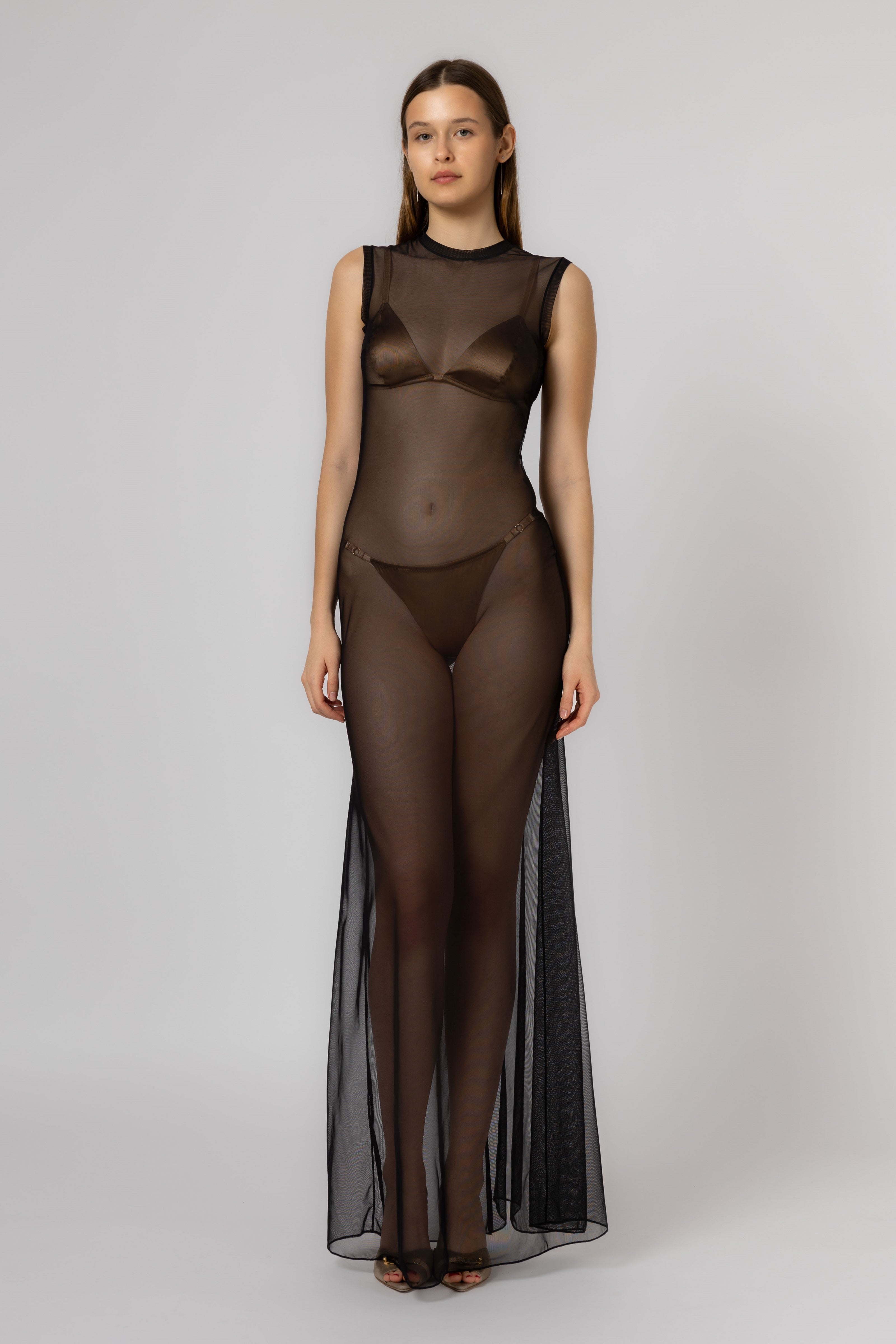 Rochie neagra lunga din tul bi-elastic Sheer