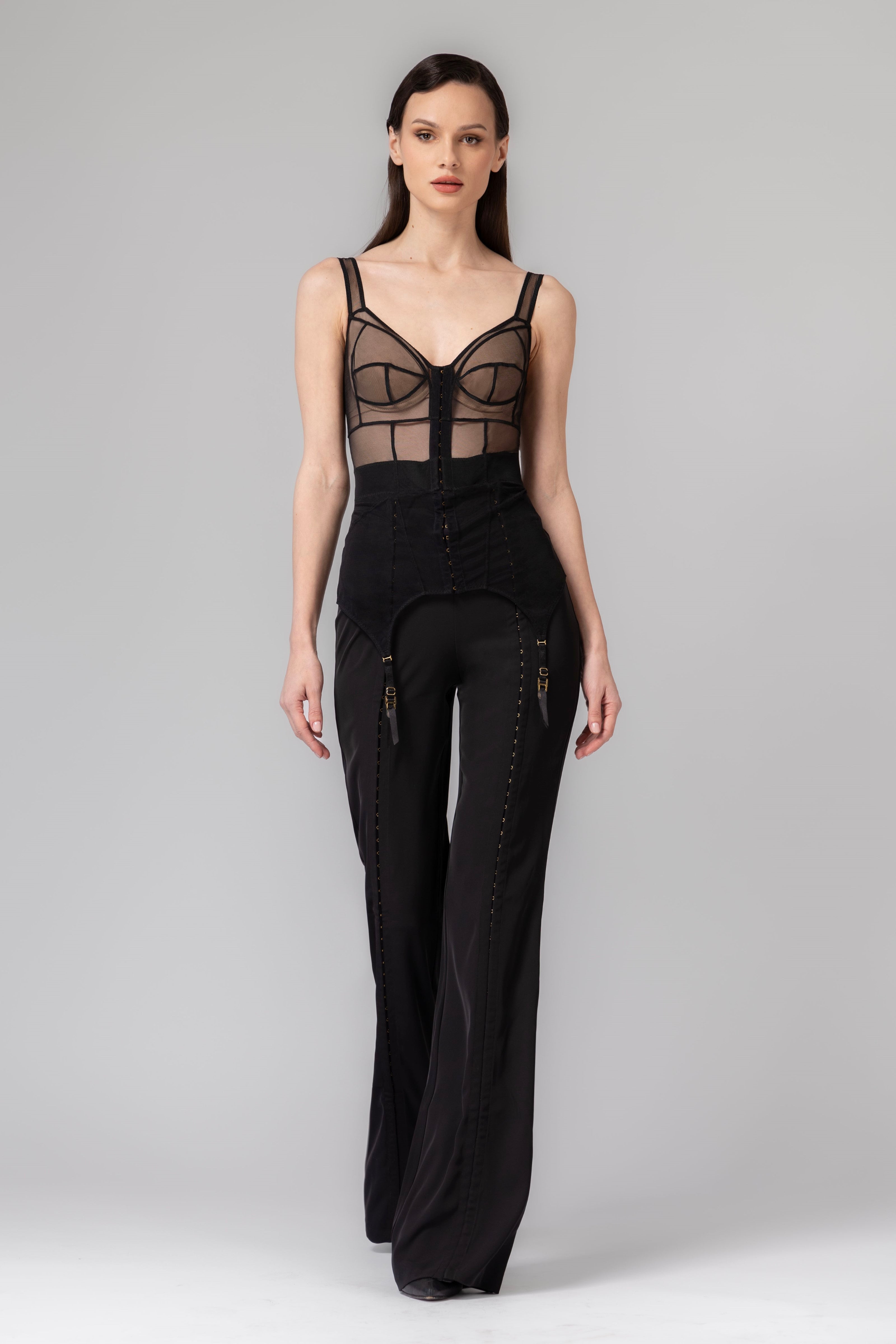 Corset negru din tul elastic cu portjartiere reglabile Zest