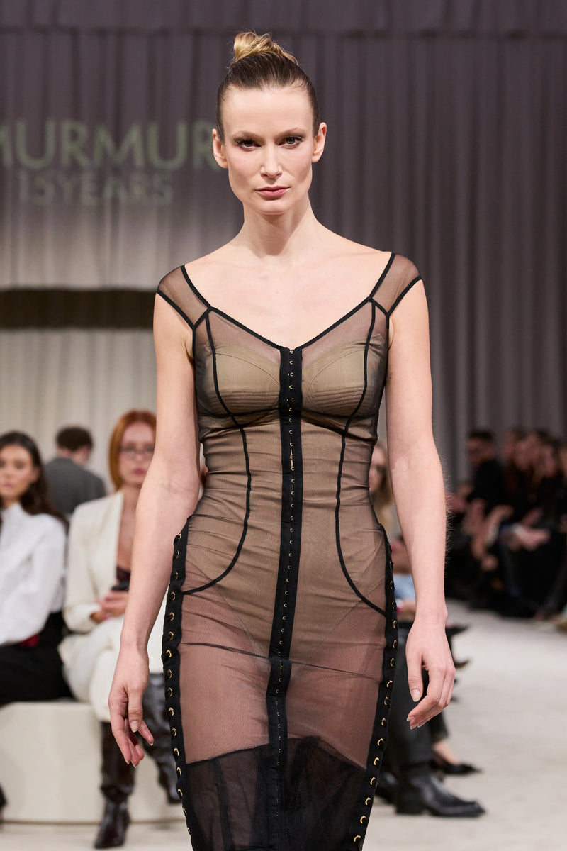 Rochie neagra din tul cu body si furou Tribut Blackcherry