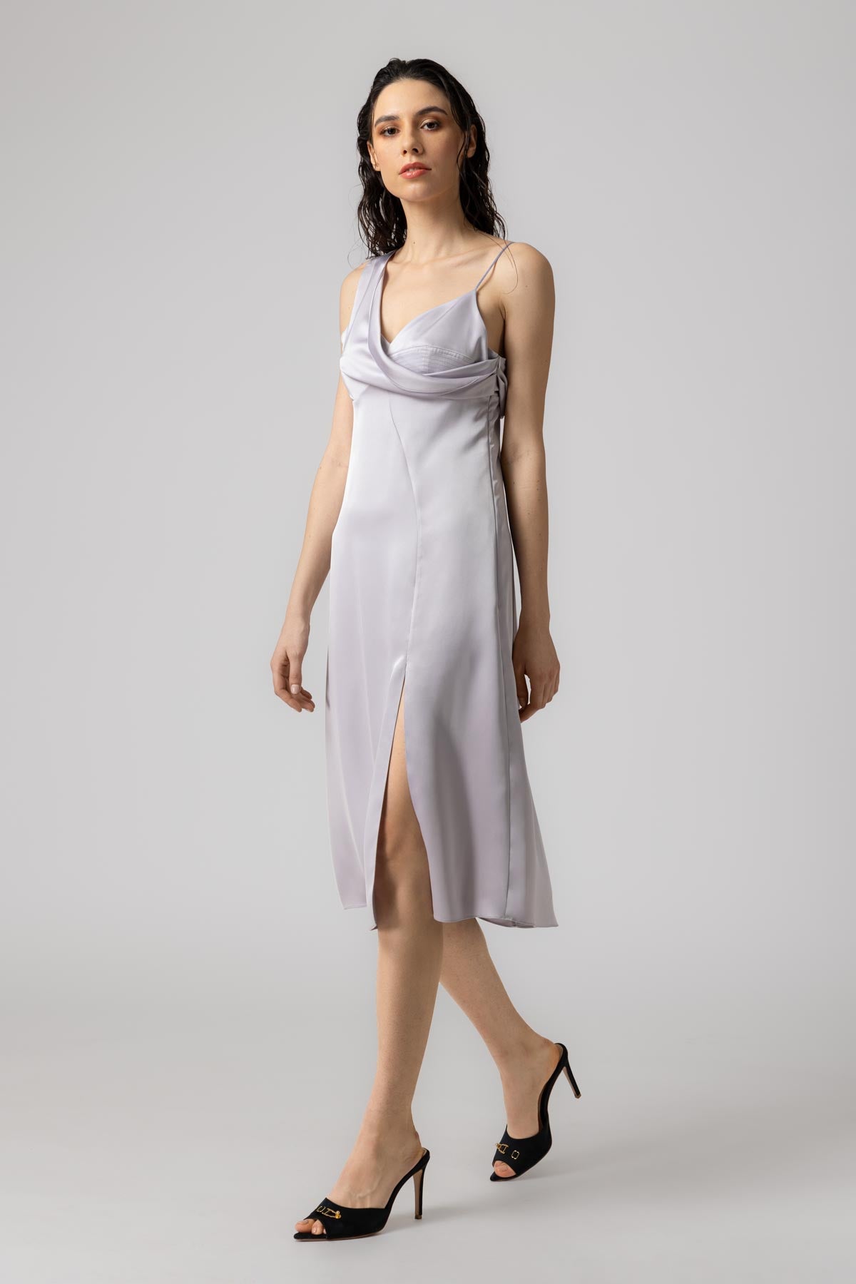 Rochie gri midi din satin Allure