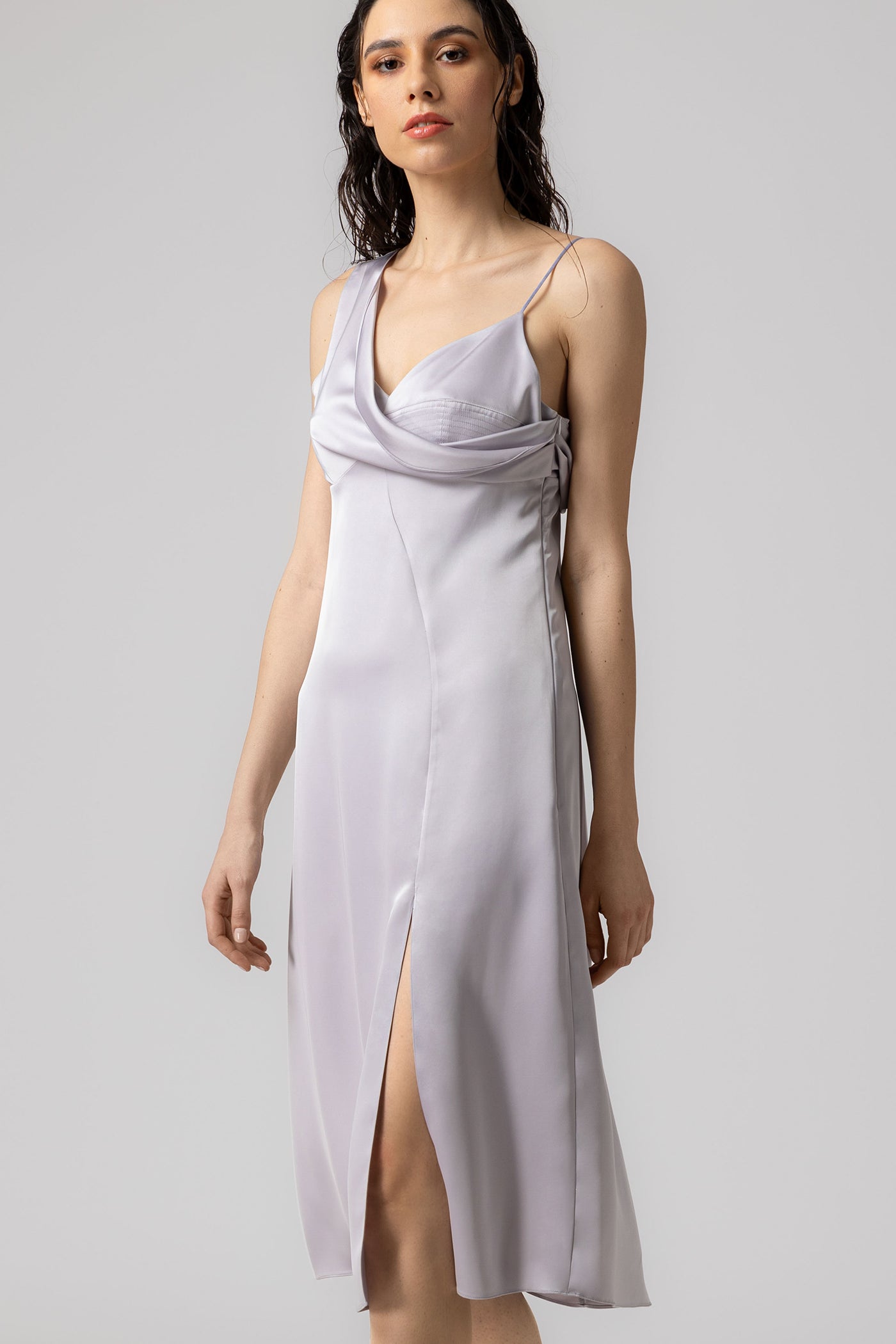 Rochie gri midi din satin Allure