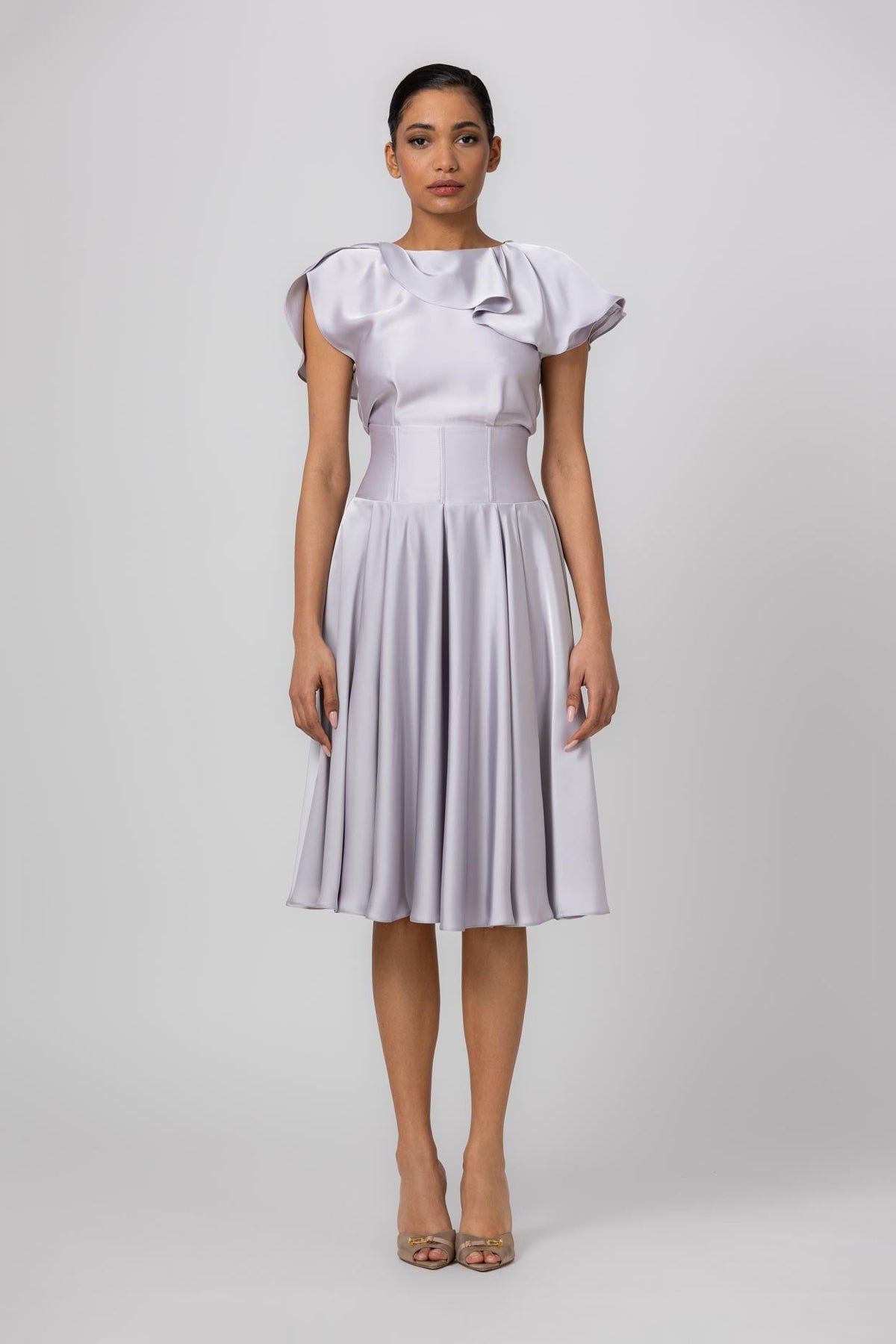 Rochie gri midi din satin premium Flap