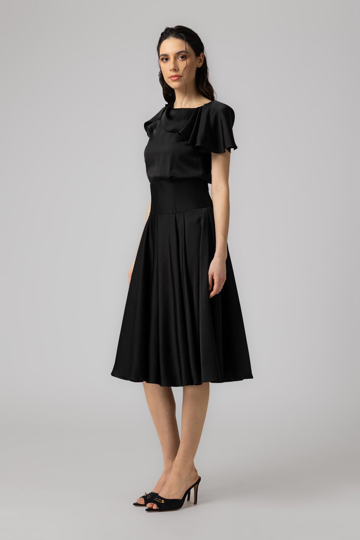 Rochie neagra midi din satin premium Flap