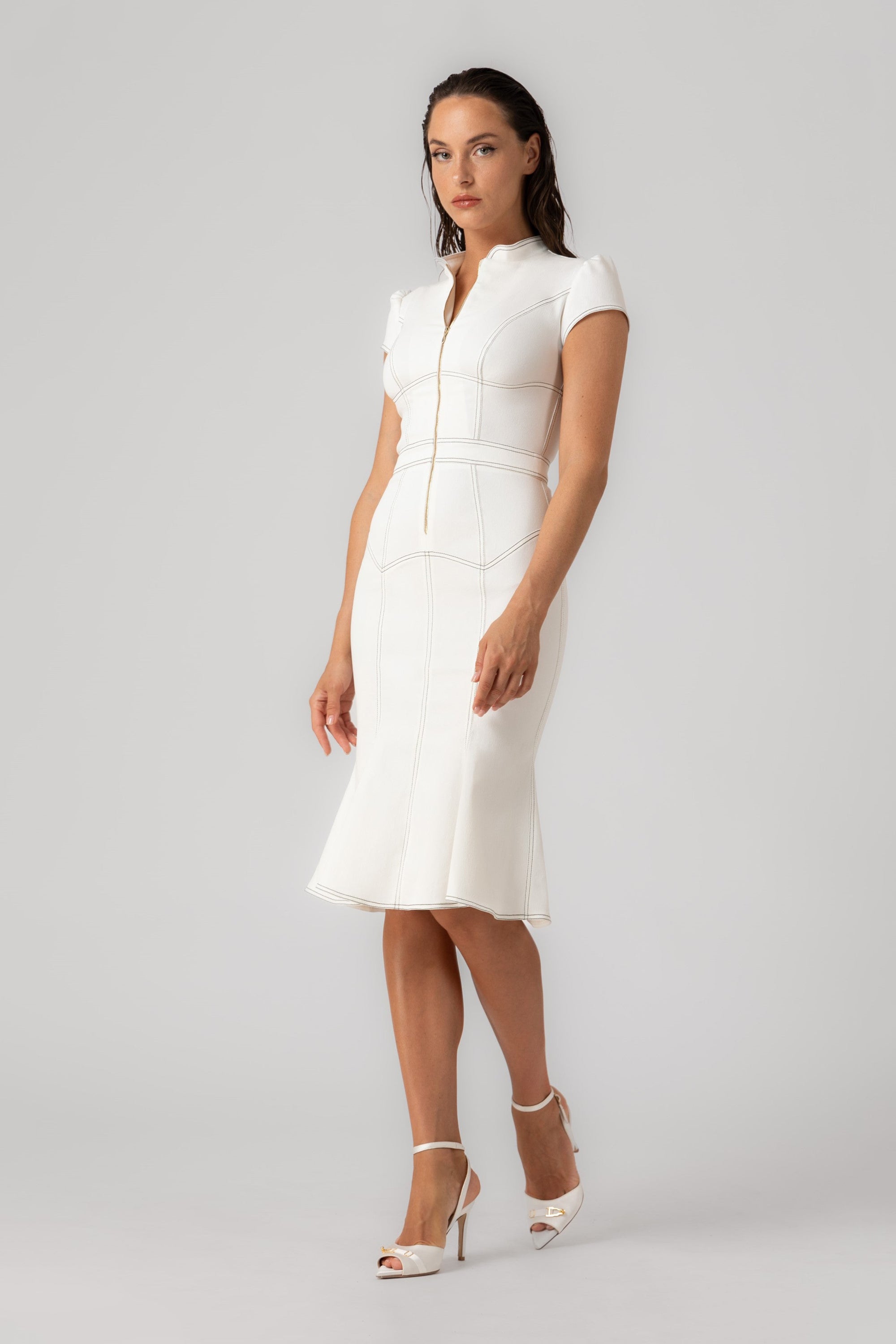 Rochie alba midi din denim bi-elastic Underline