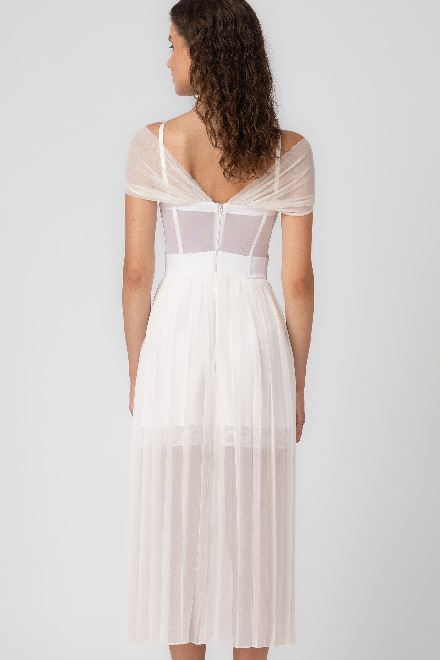 Rochie alba din satin si voal plisat Utility