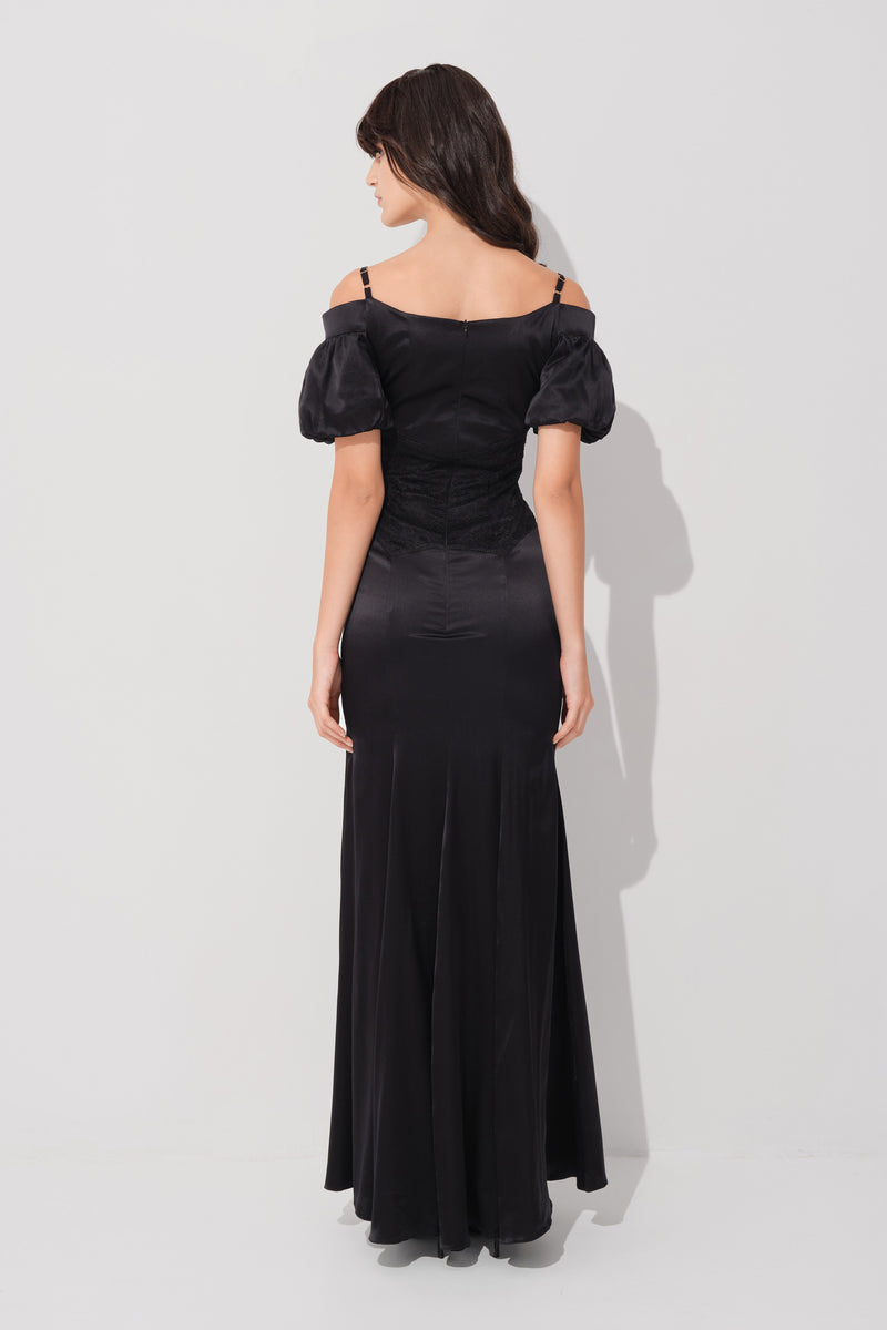 Rochie neagra lunga din matase Blossom