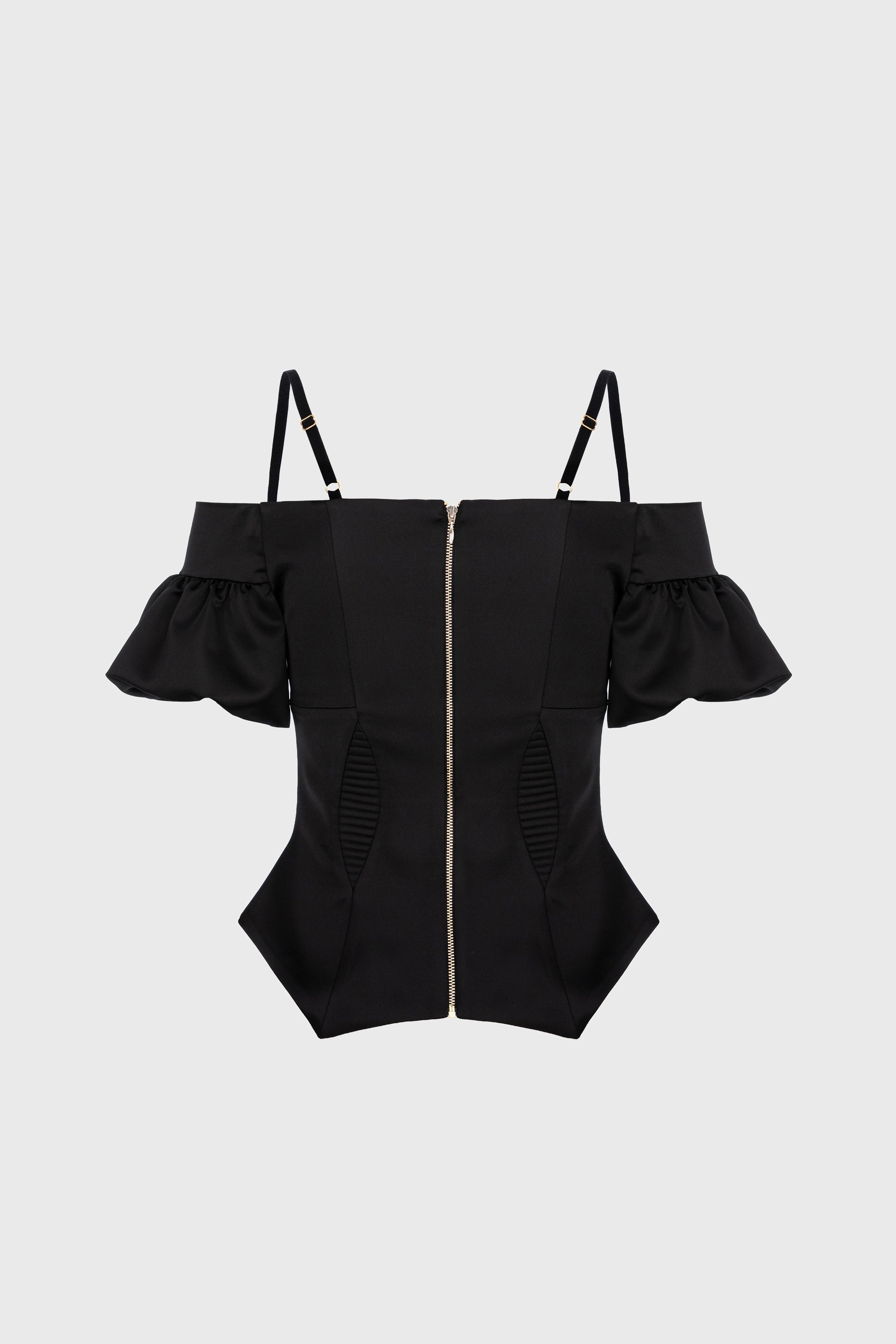 Corset negru cu maneci bufante din satin Haze