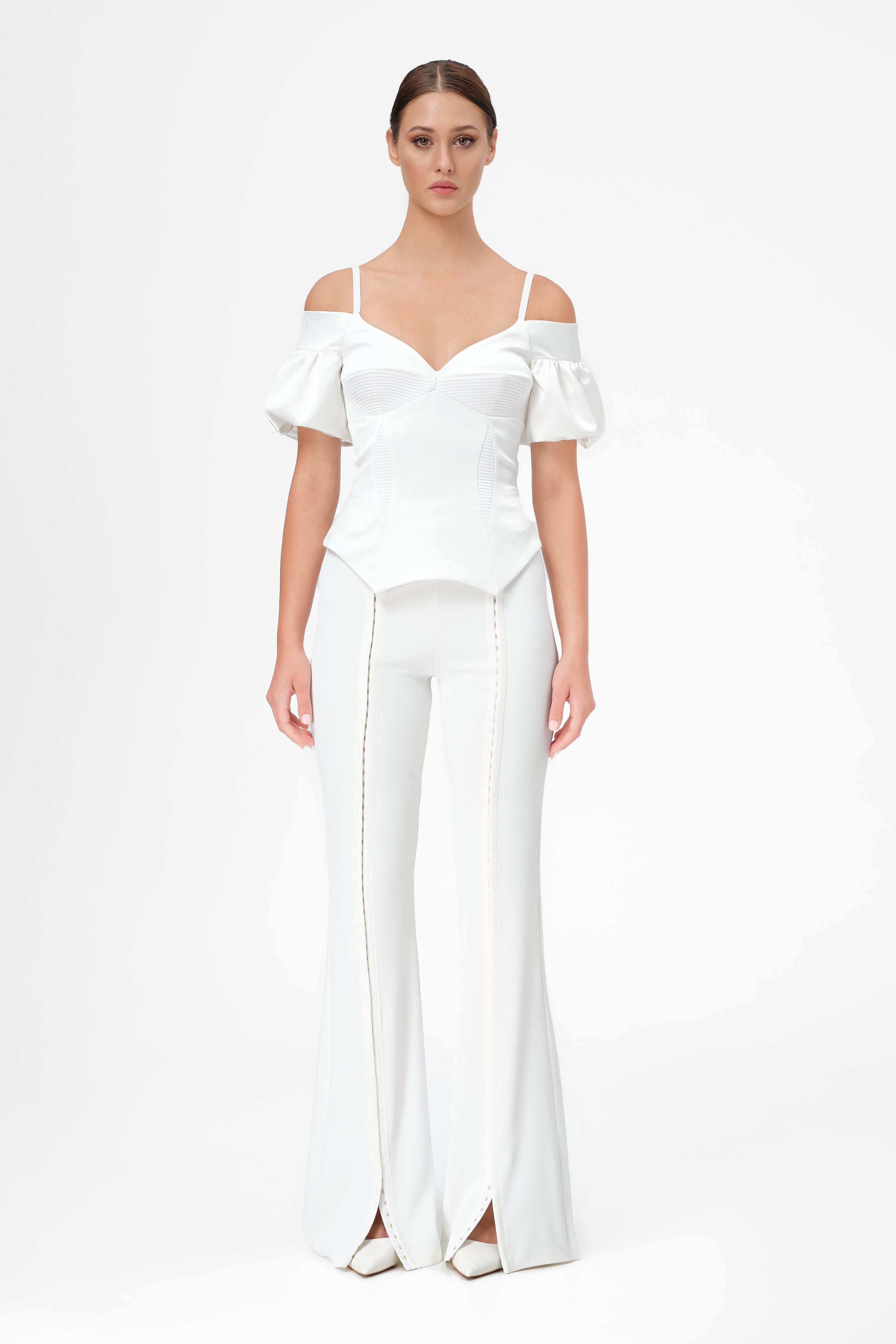 Corset alb cu maneci bufante din satin Haze