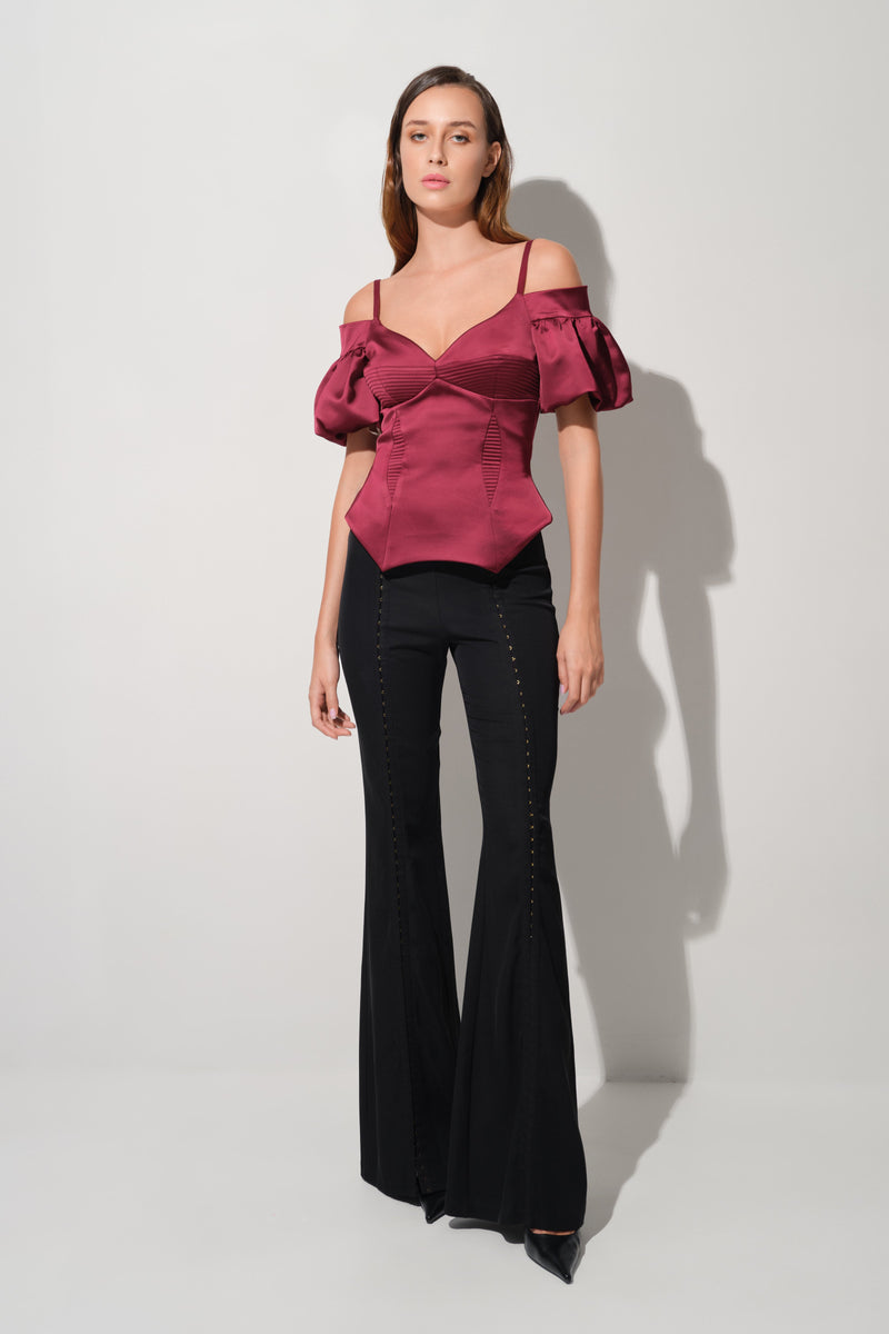Corset rosu burgund cu maneci bufante din satin Haze