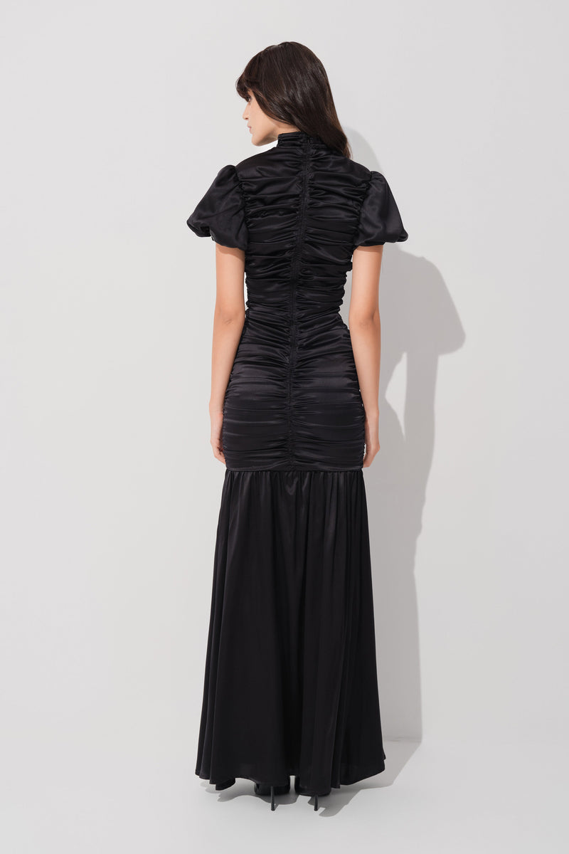 Rochie neagra lunga din matase cu drapaje Ruched