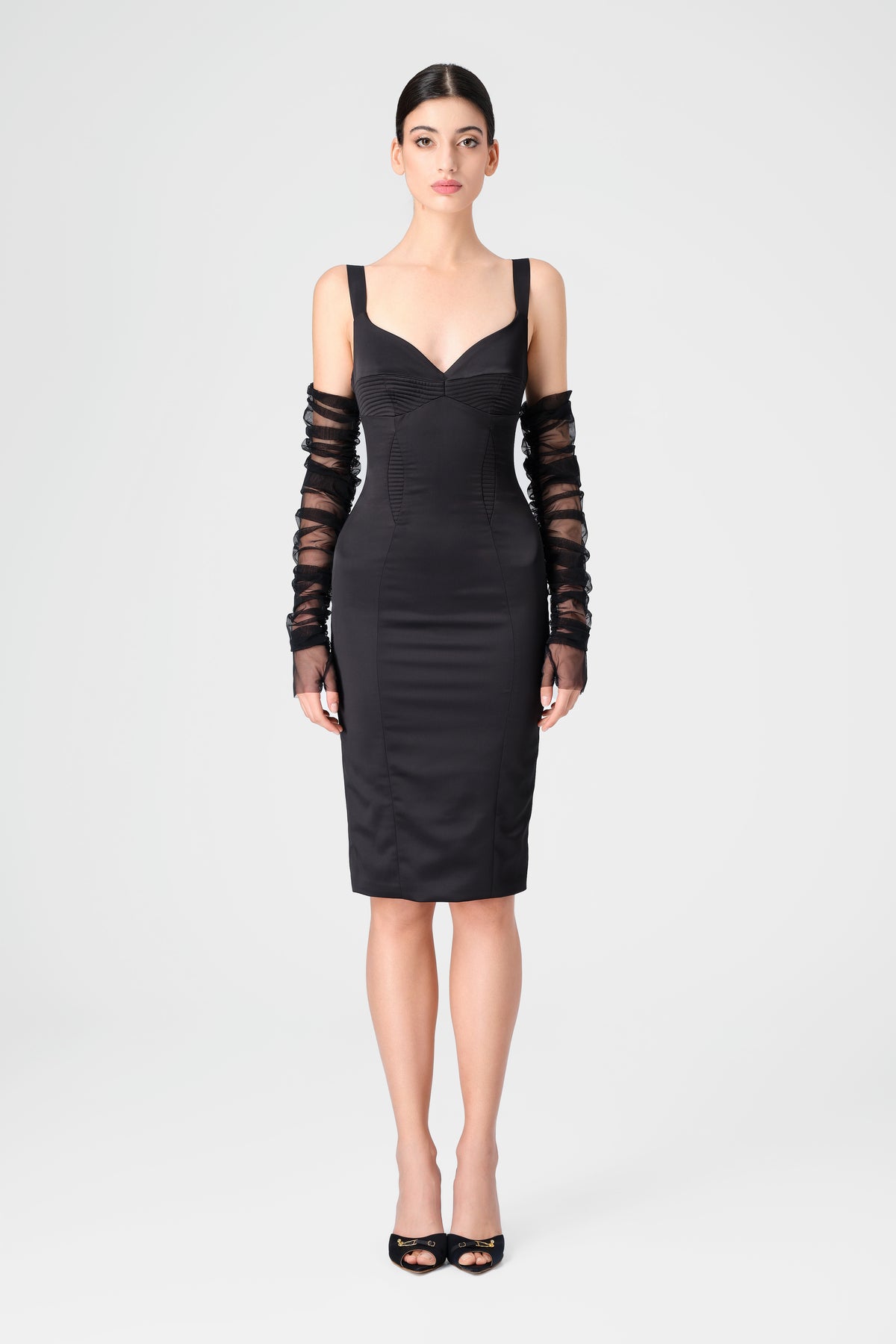 Manusi lungi negre tul transparente Sheer