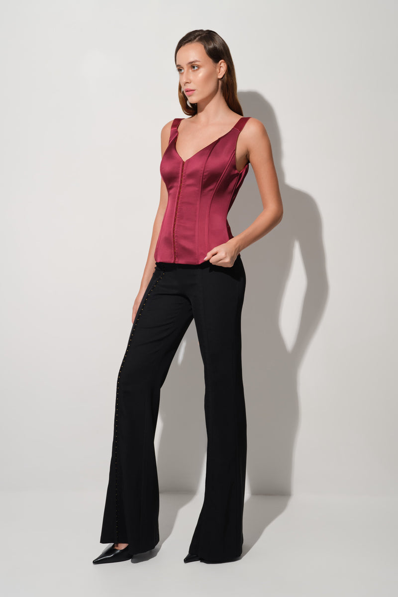 Corset rosu burgund din satin cu insiretare String