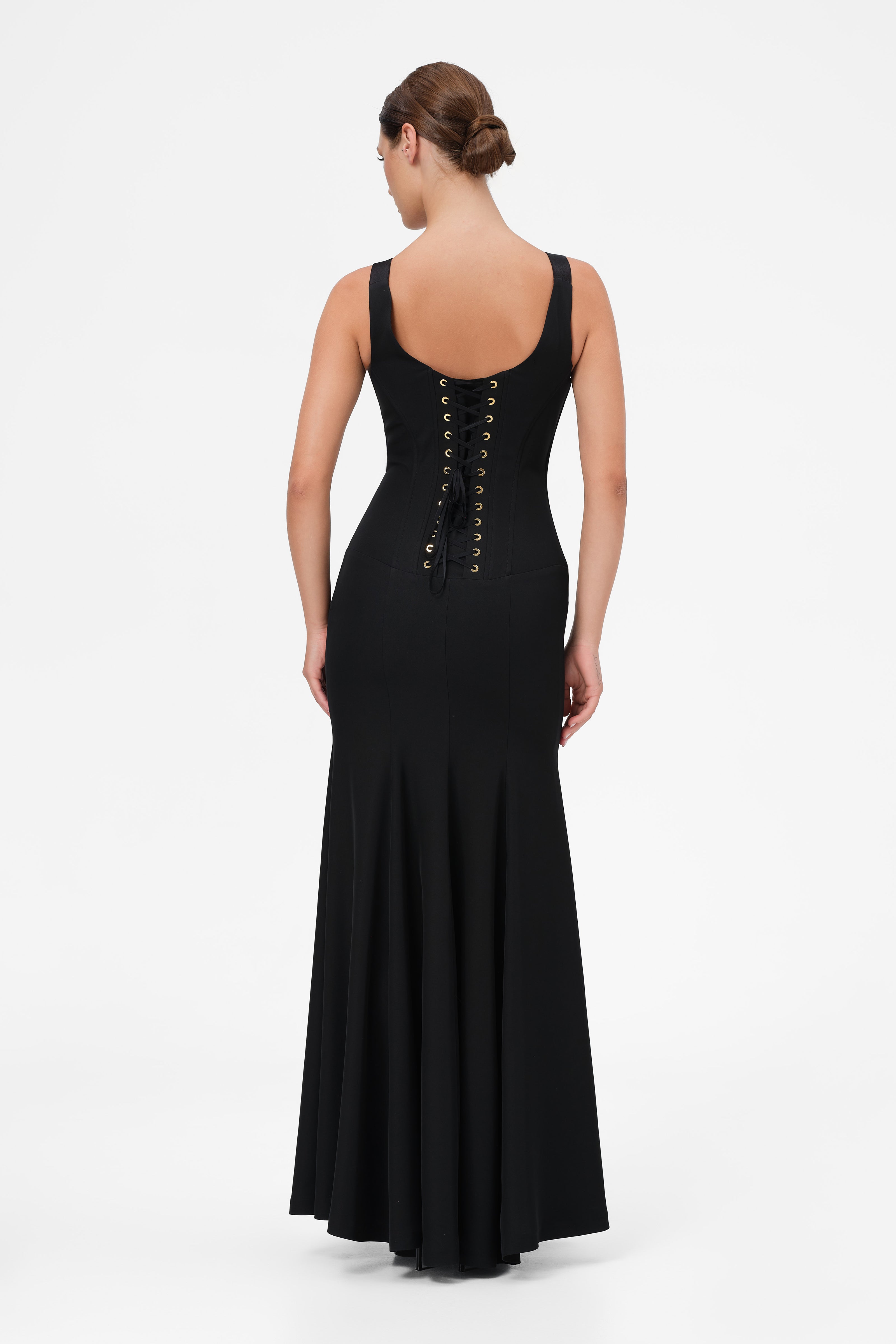 Rochie neagra lunga cu corsetaj String