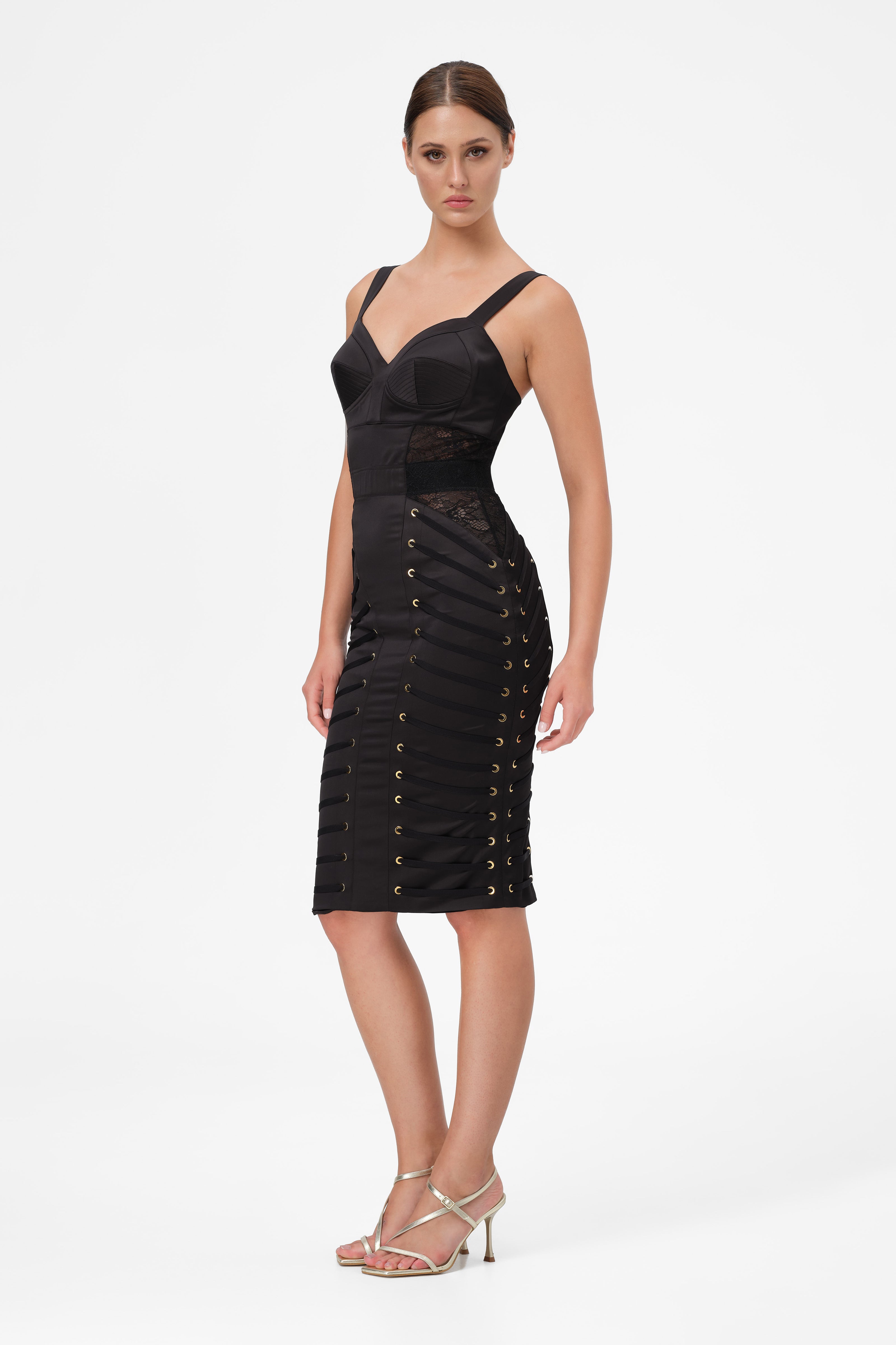 Rochie neagra midi din satin si dantela Zest