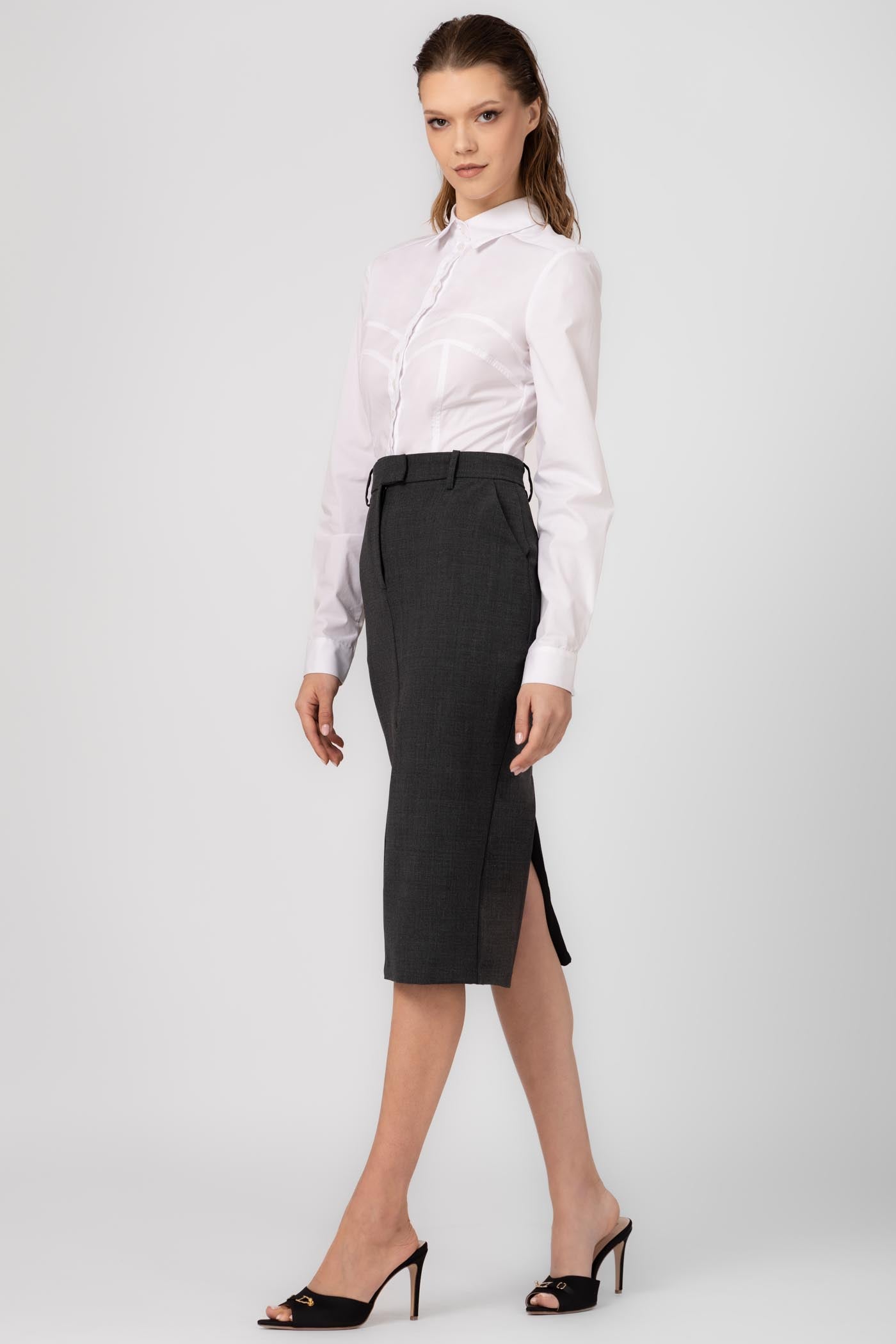 Fusta midi gri din lana Formal