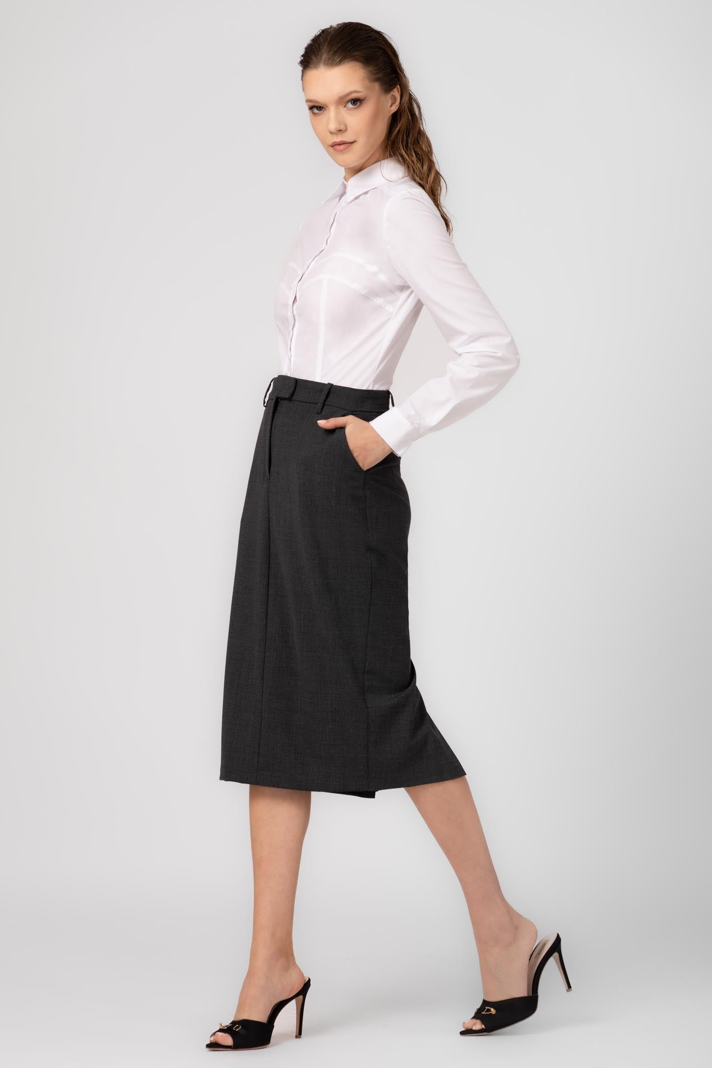 Fusta midi gri din lana Formal