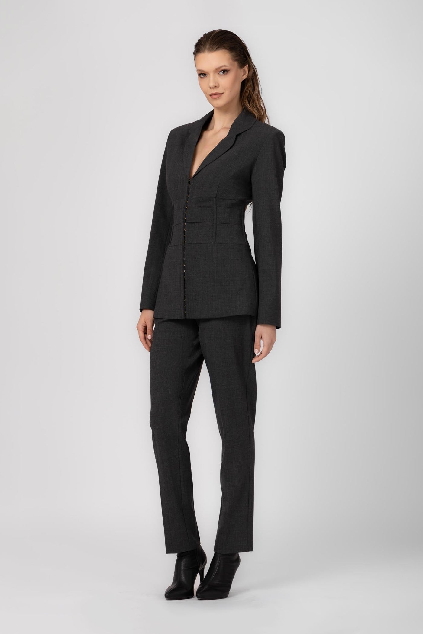 Pantaloni gri lungi cu talie inalta corset din lana Tomboy