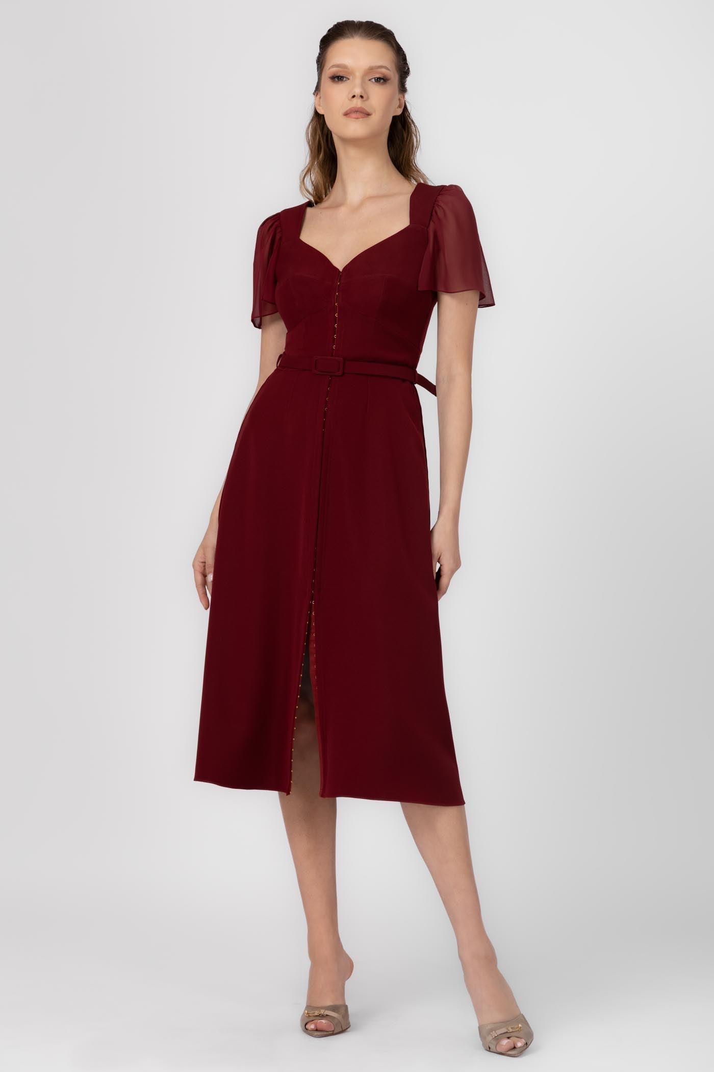 Rochie rosu inchis midi din satin Diversion