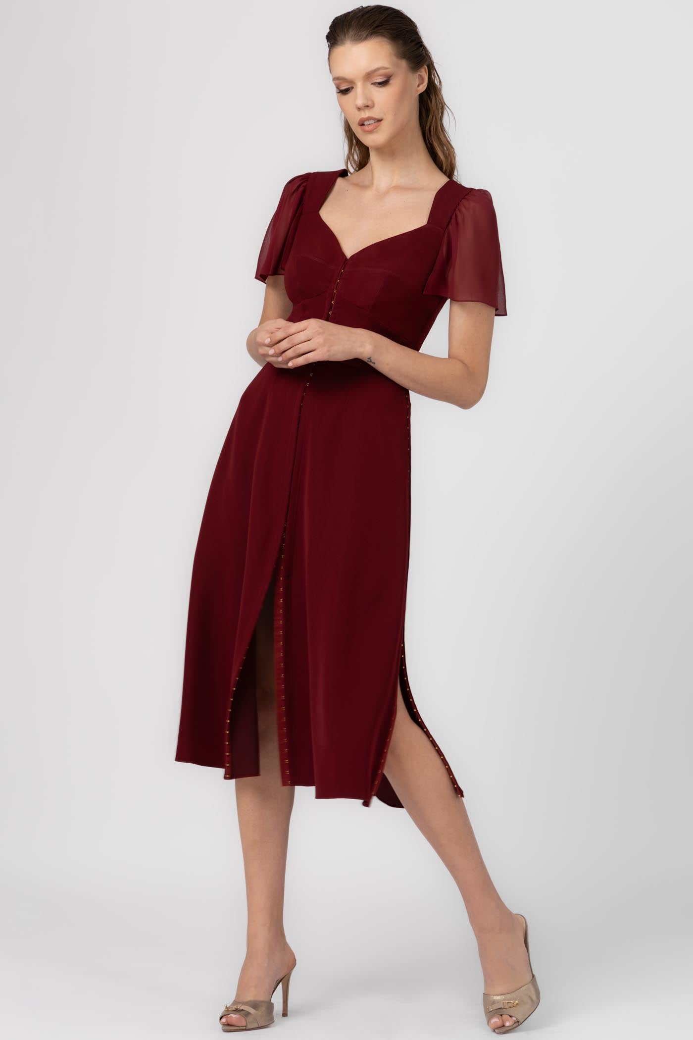 Rochie rosu inchis midi din satin Diversion