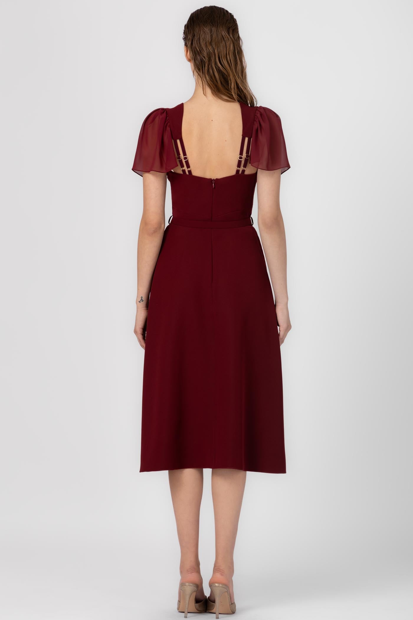 Rochie rosu inchis midi din satin Diversion