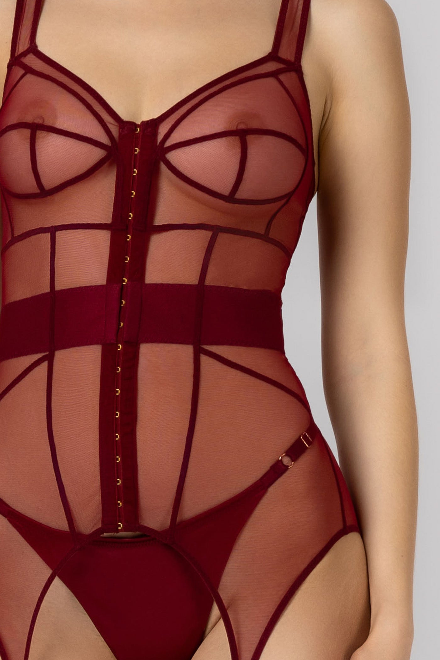 Corset rosu inchis din tulle elastic cu portjartiere reglabile Zest