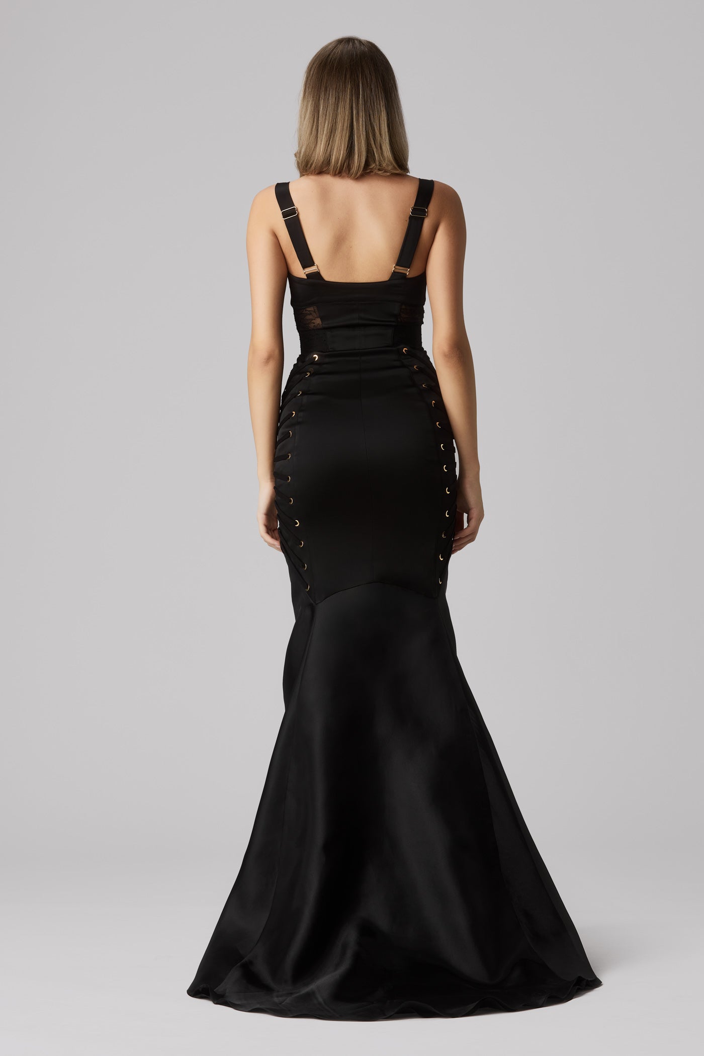 Rochie lunga neagra din satin si dantela Zest