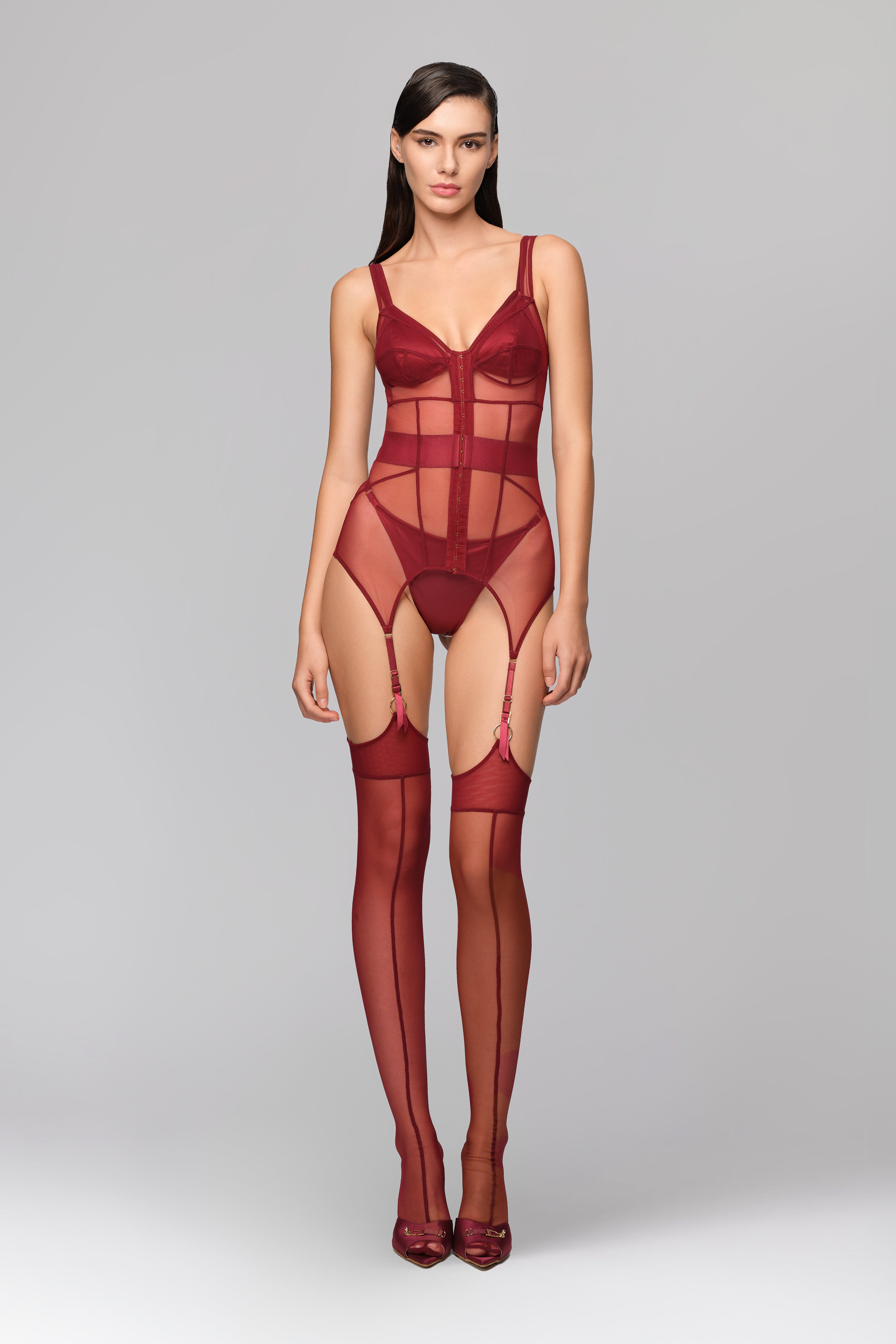 Corset rosu inchis din tulle elastic cu portjartiere reglabile Zest