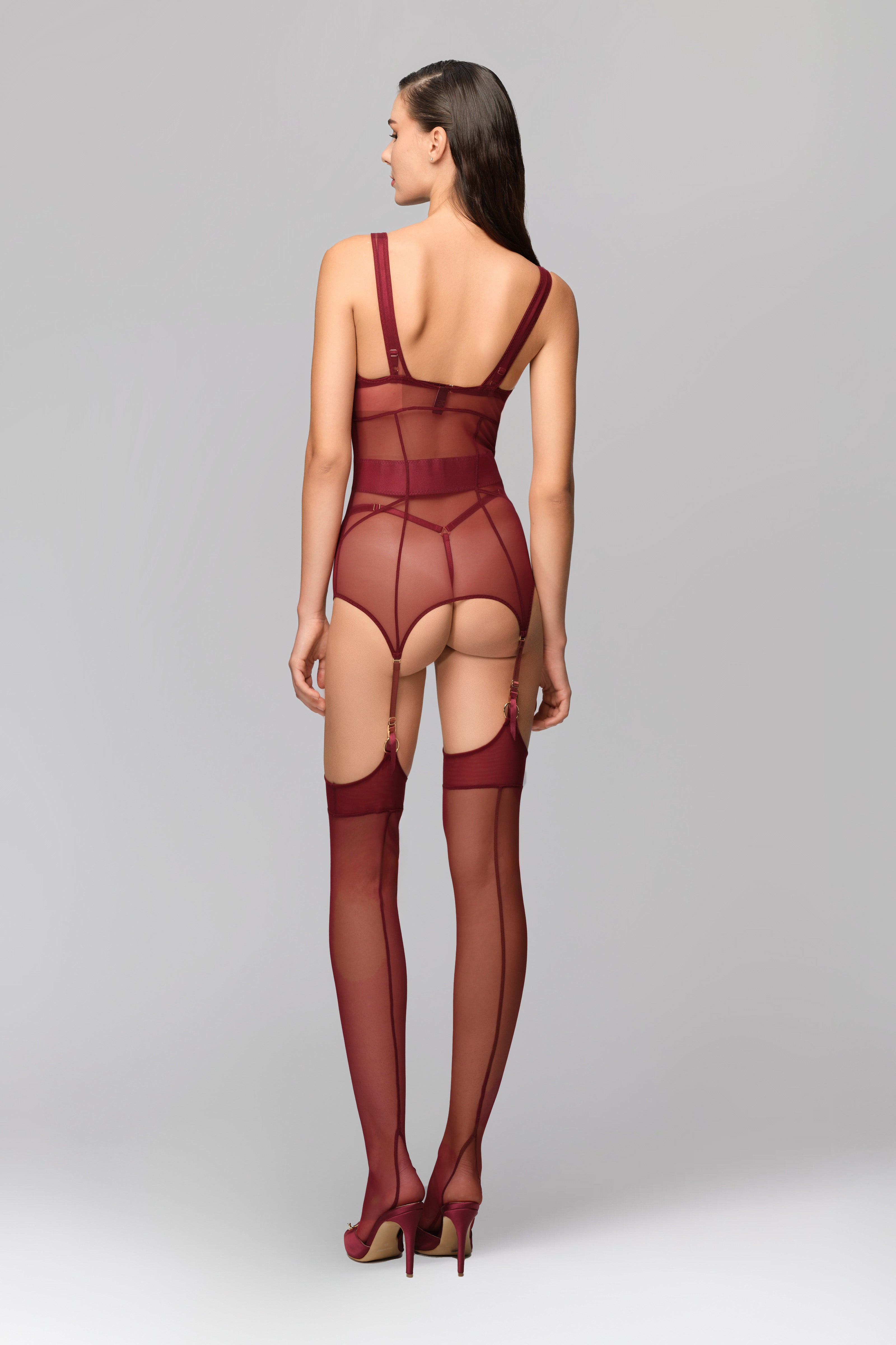 Corset rosu inchis din tulle elastic cu portjartiere reglabile Zest