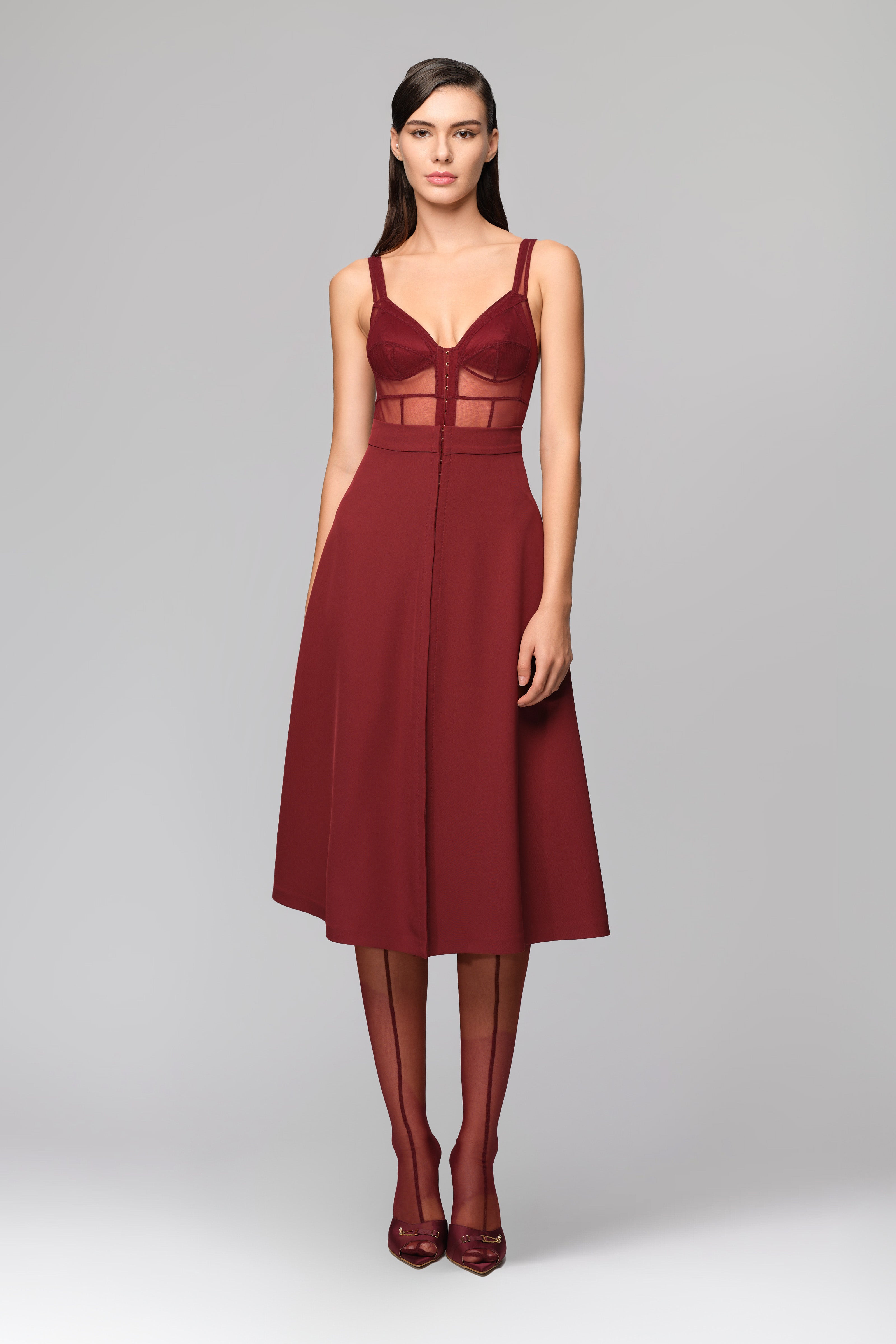 Corset rosu inchis din tulle elastic cu portjartiere reglabile Zest