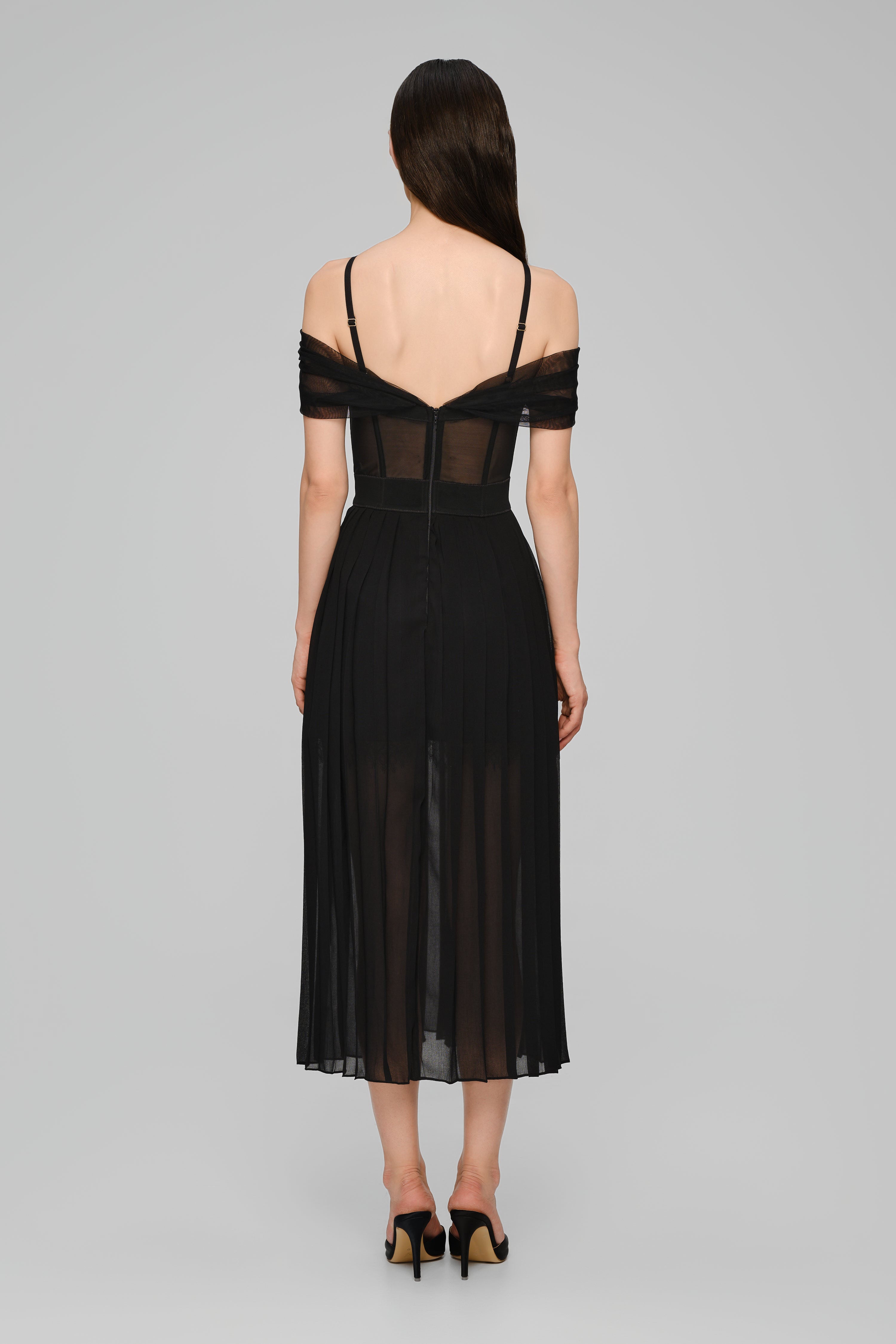 Rochie neagra din satin si voal plisat Utility