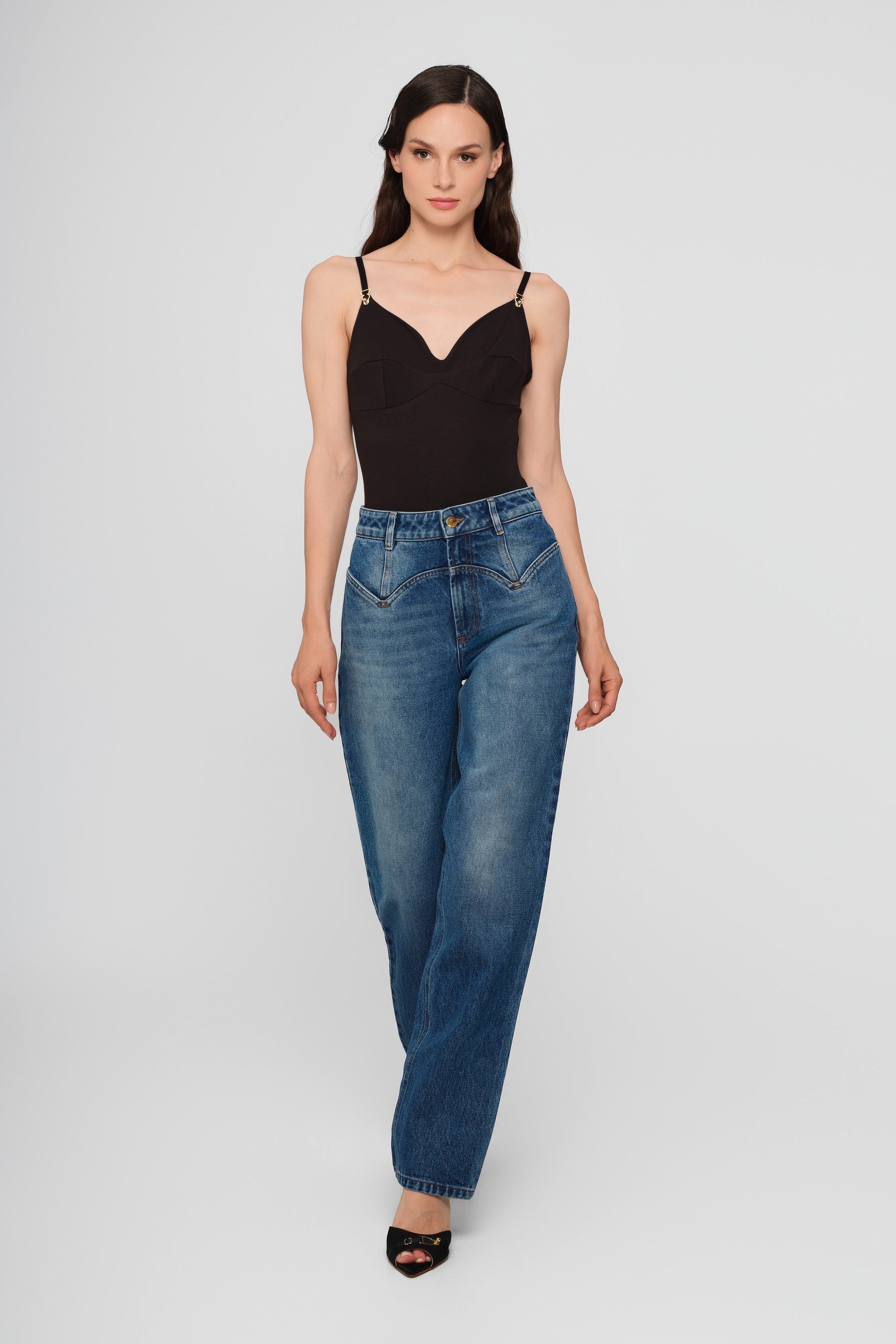 Body negru elastic cu bretele Skin