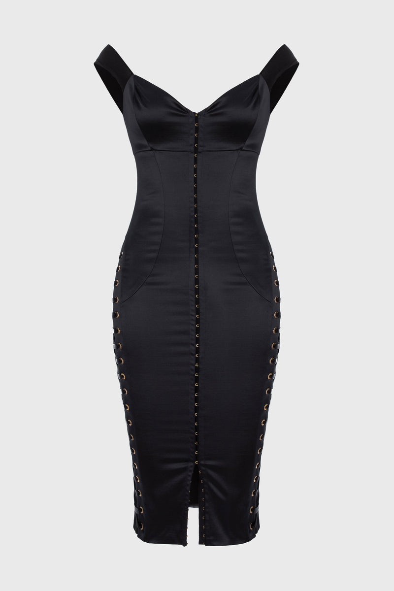 Rochie neagra din satin cu insiretare Blackcherry