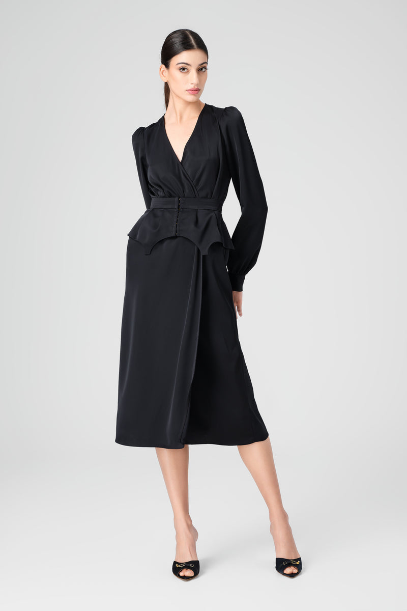 Rochie neagra midi cu corset integrat Fold